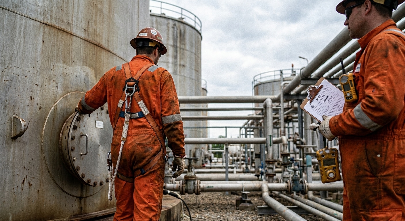 A worker in safety gear performing a confined space entry check at an oil and gas facility.