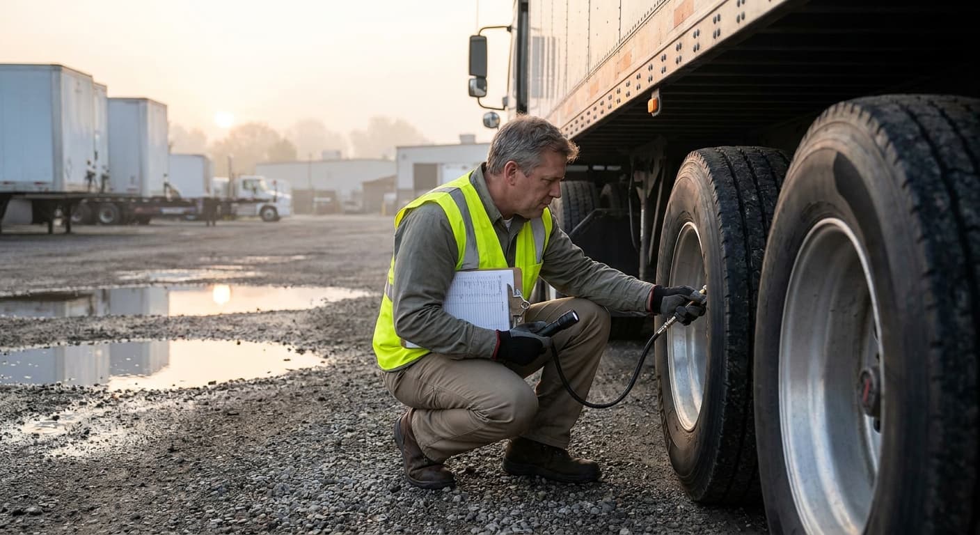 A driver doing a pre-trip inspection on a commercial truck in a fleet yard.