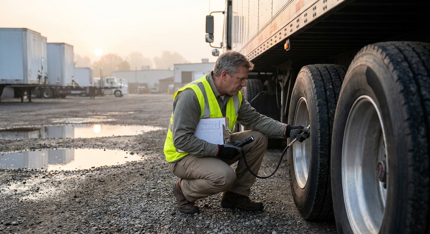 A commercial truck driver completing a pre-trip vehicle inspection.