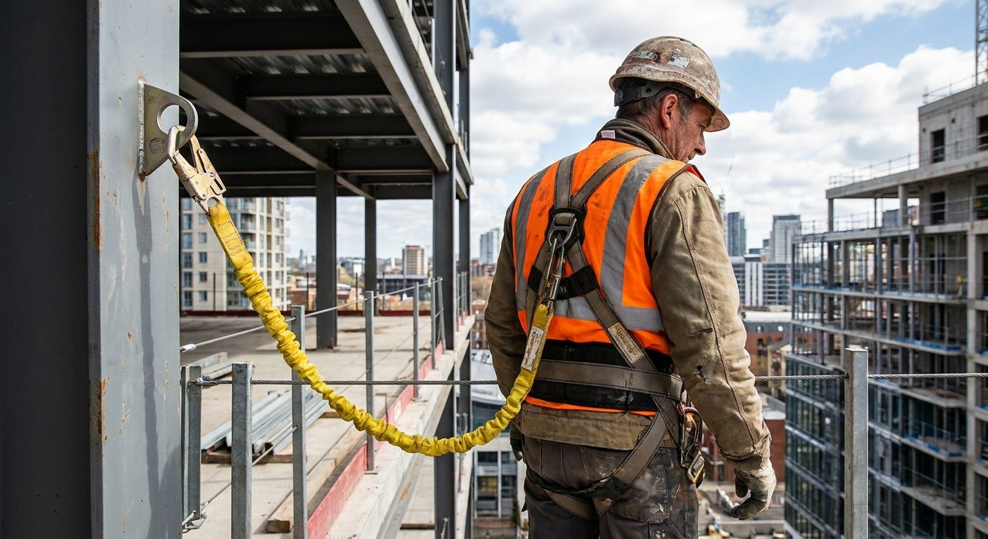 A construction worker wearing fall protection equipment on an elevated worksite.