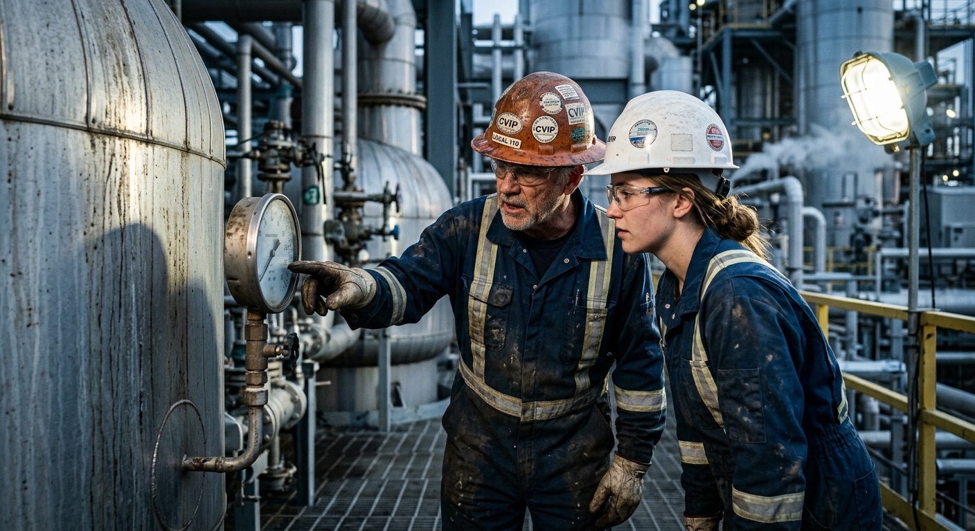 A safety officer walking a Canadian worksite.
