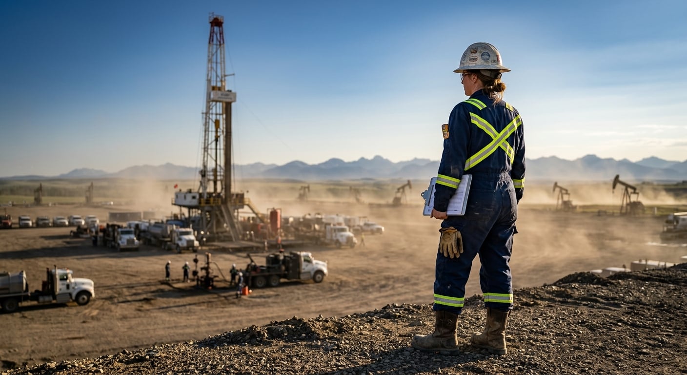 A field safety officer conducting a site inspection at an industrial worksite in Western Canada.