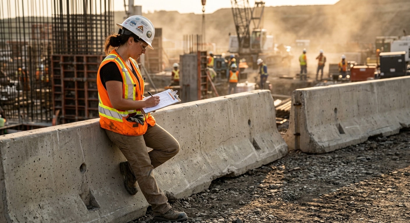 A worker filling out a hazard assessment form on a Canadian worksite.