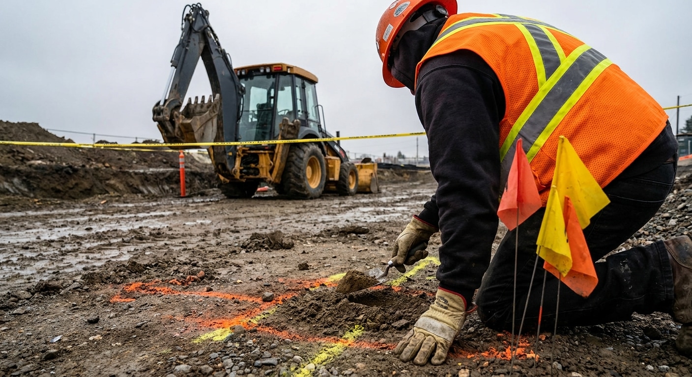 A worker hand-exposing a marked, locate-flagged utility line before mechanical excavation begins.