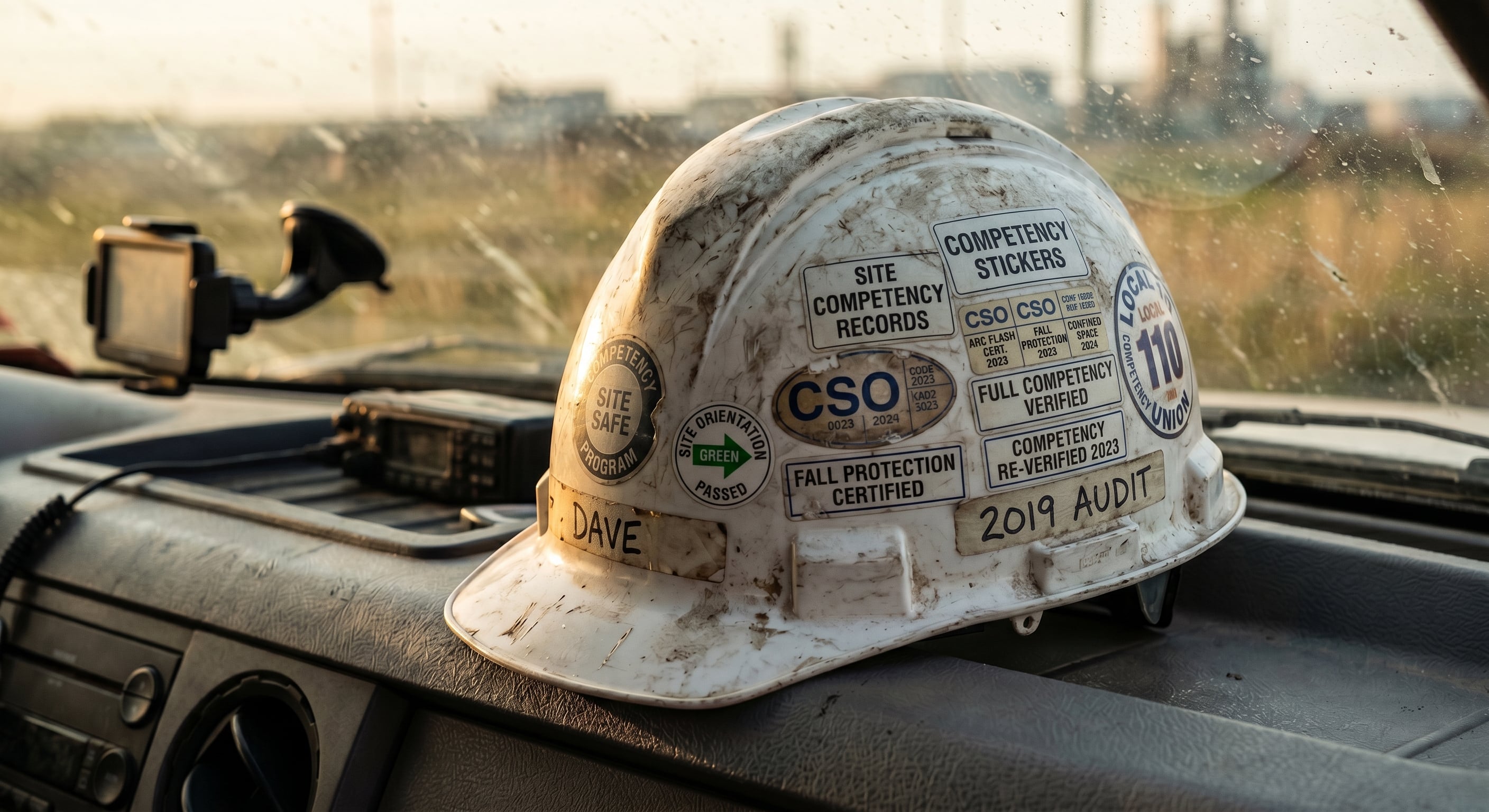 Safety stickers on hard hats at a Canadian worksite