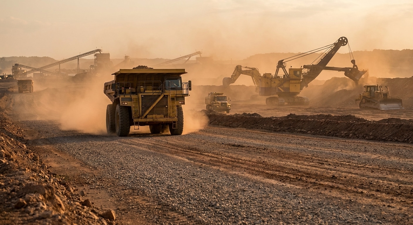 A large haul truck operating at a surface mining or oil sands extraction site.