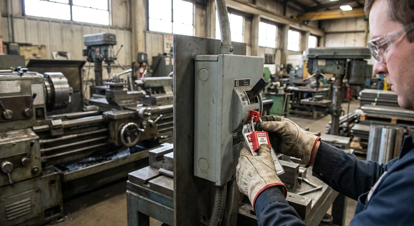 A worker applying a lockout/tagout device to manufacturing machinery.