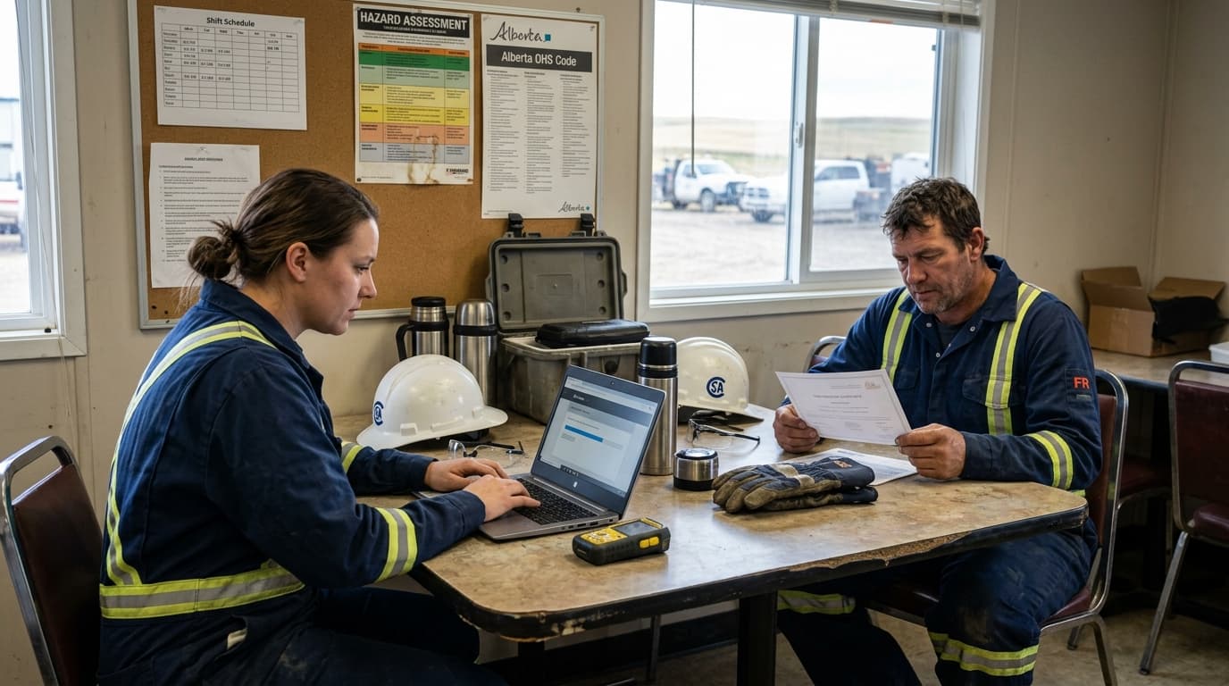 Workers using On-Track Safety's online training portal on a job site.