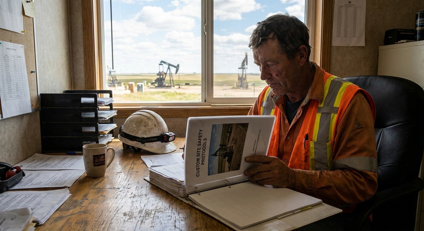 A safety lead reviewing a custom safety manual binder at an Alberta site office.