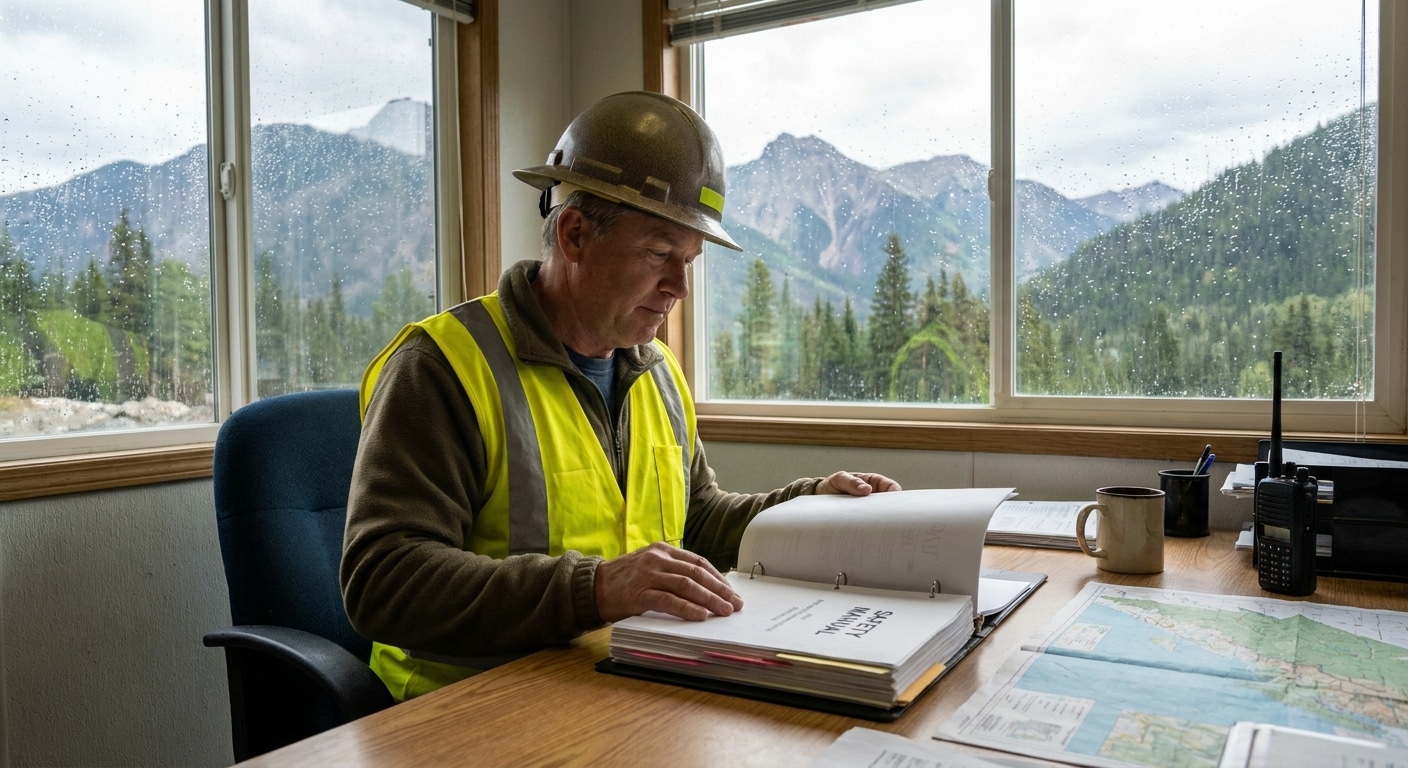 A safety manager reviewing a custom safety manual at a British Columbia worksite.