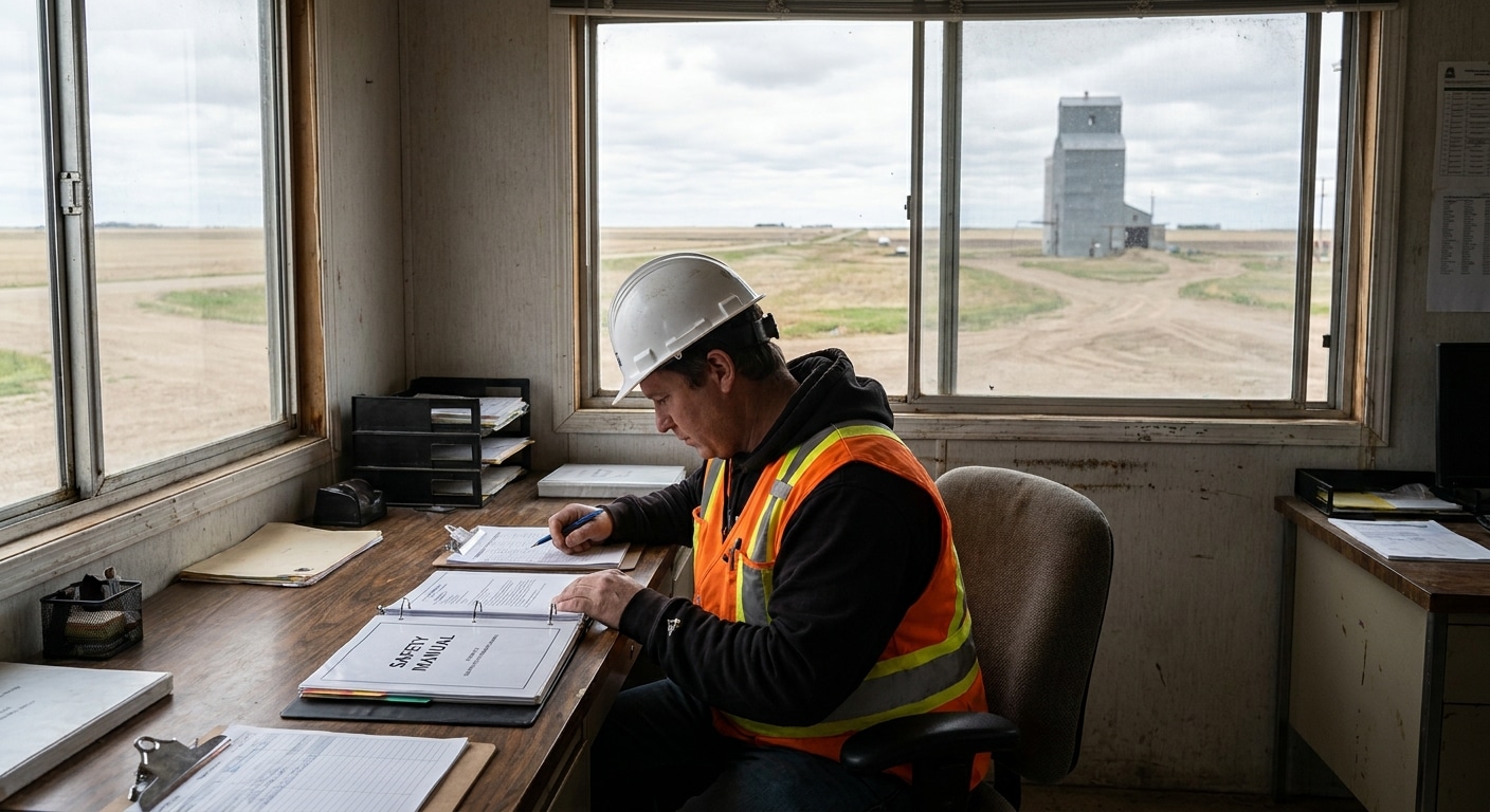 A safety coordinator reviewing a custom safety manual at a Saskatchewan worksite.