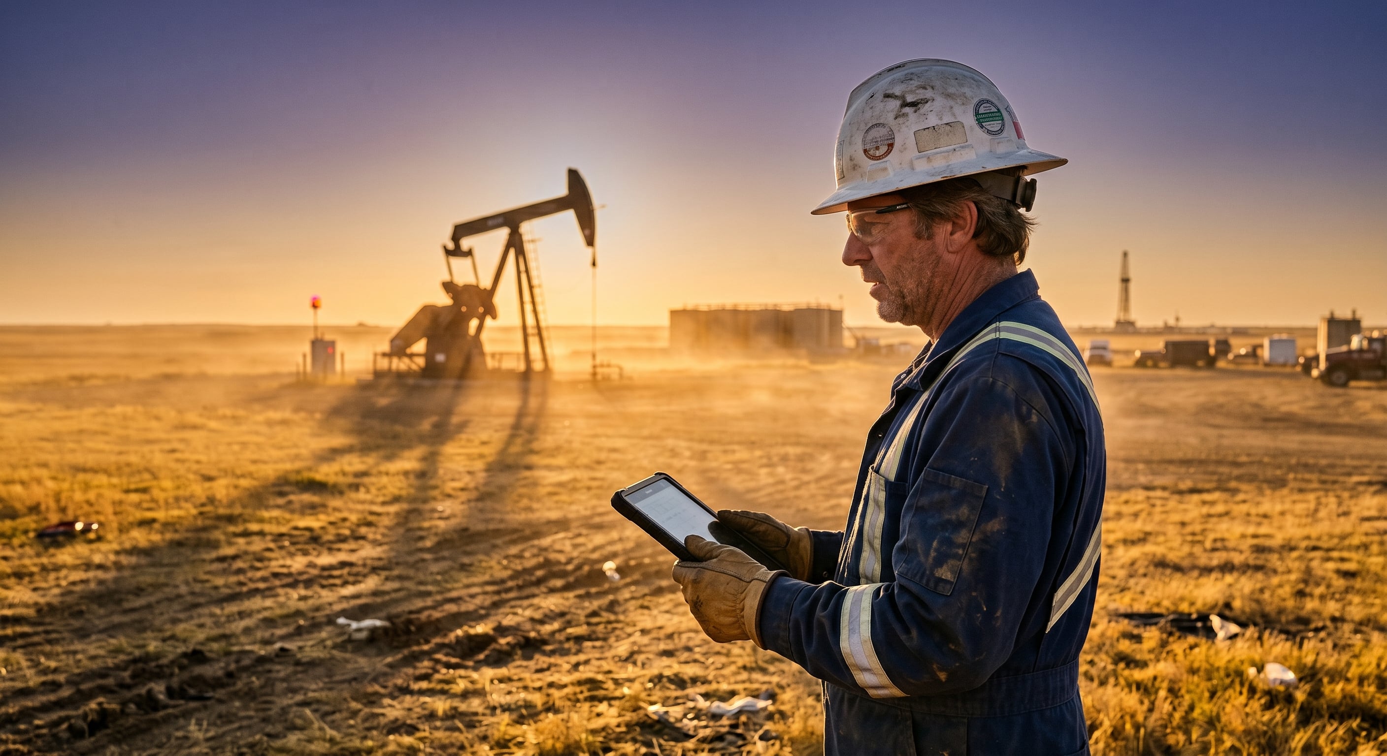 Saskatchewan heavy civil equipment operators reviewing safety compliance documentation on a tablet at a construction site.