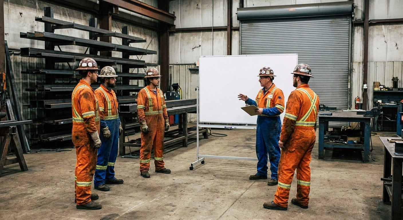 A supervisor briefing a crew on a shop floor