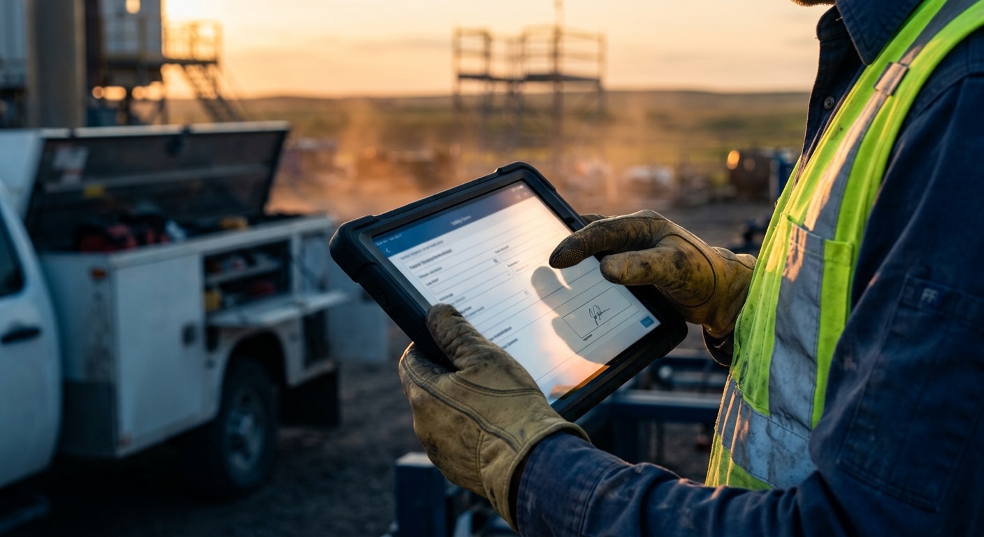 A worker completing a digital safety form on a mobile device at a worksite.