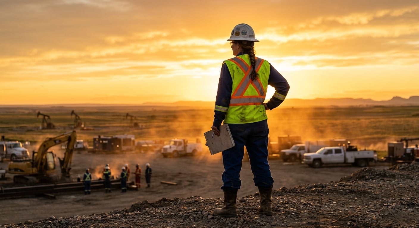 A safety professional overlooking a large industrial mining site.