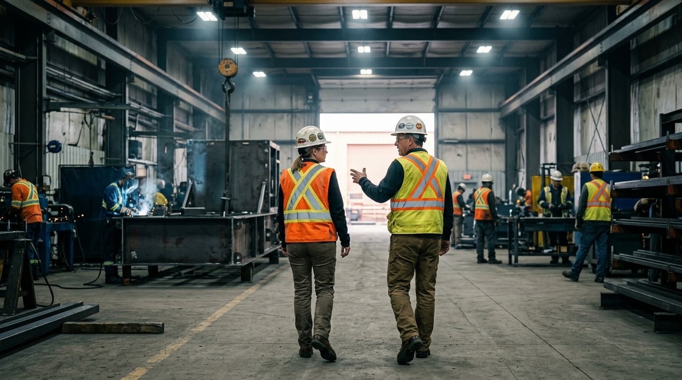 A facility maintenance worker completing a safety walkthrough.