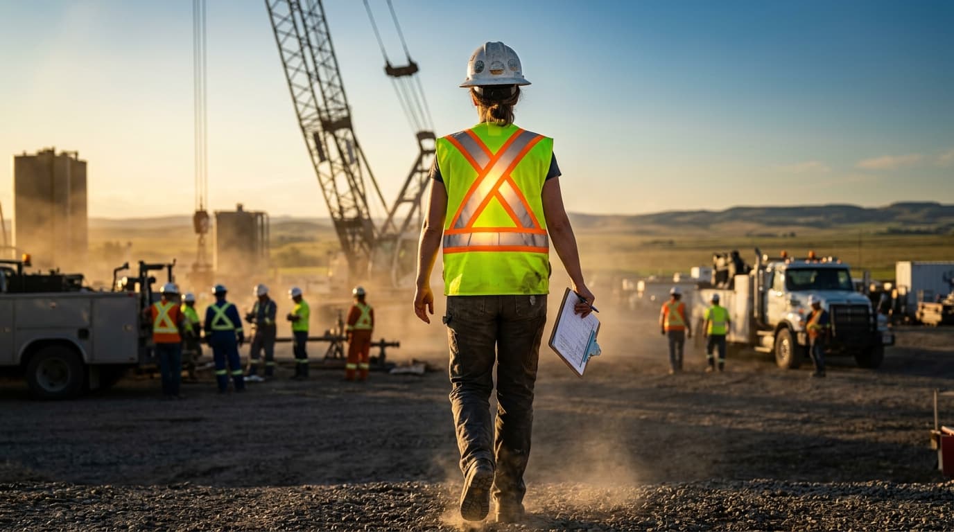 An On-Track safety consultant walking toward a worksite, ready to work.