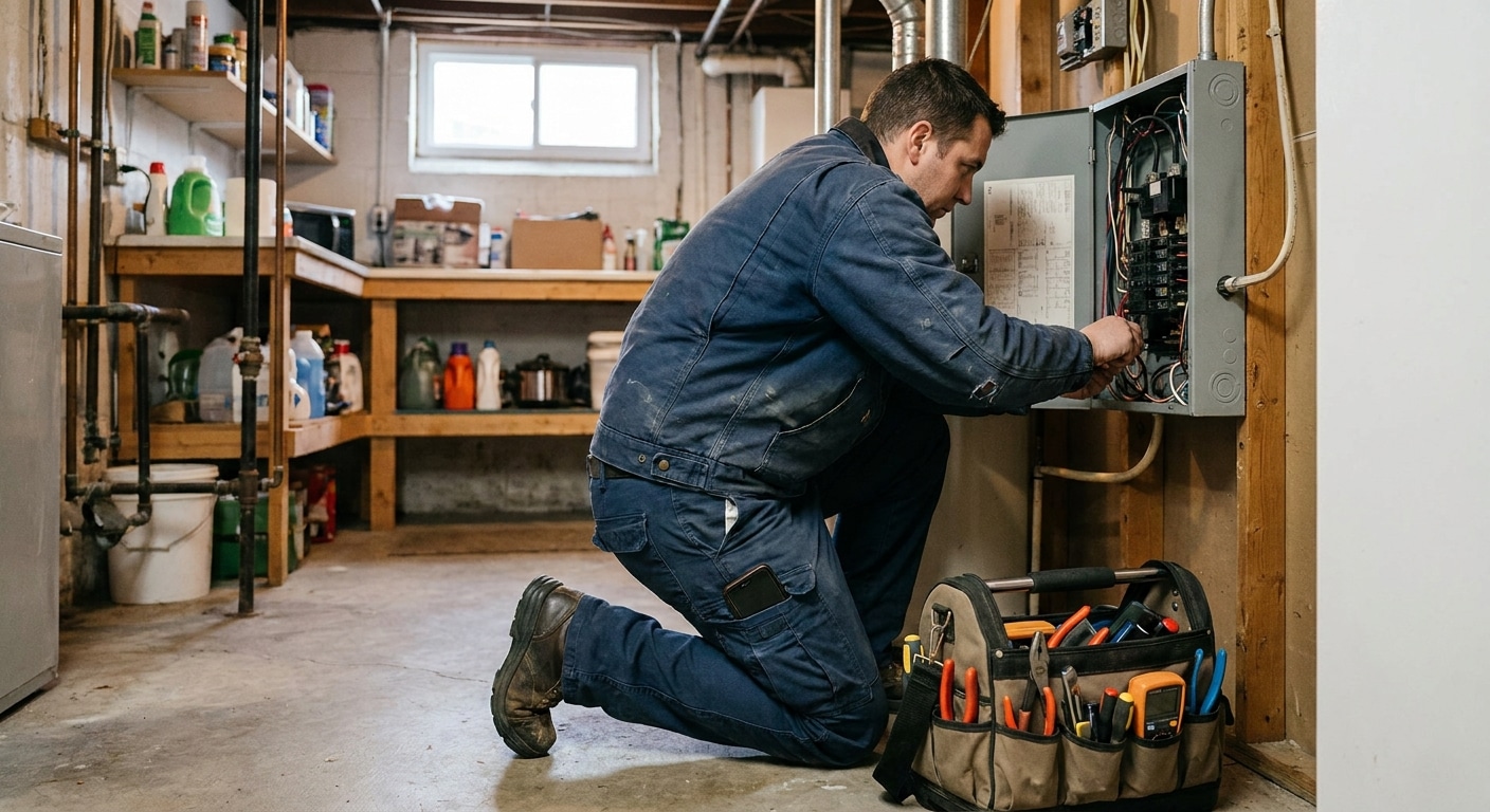 A tradesperson working alone on a residential service call, checking in on a phone.