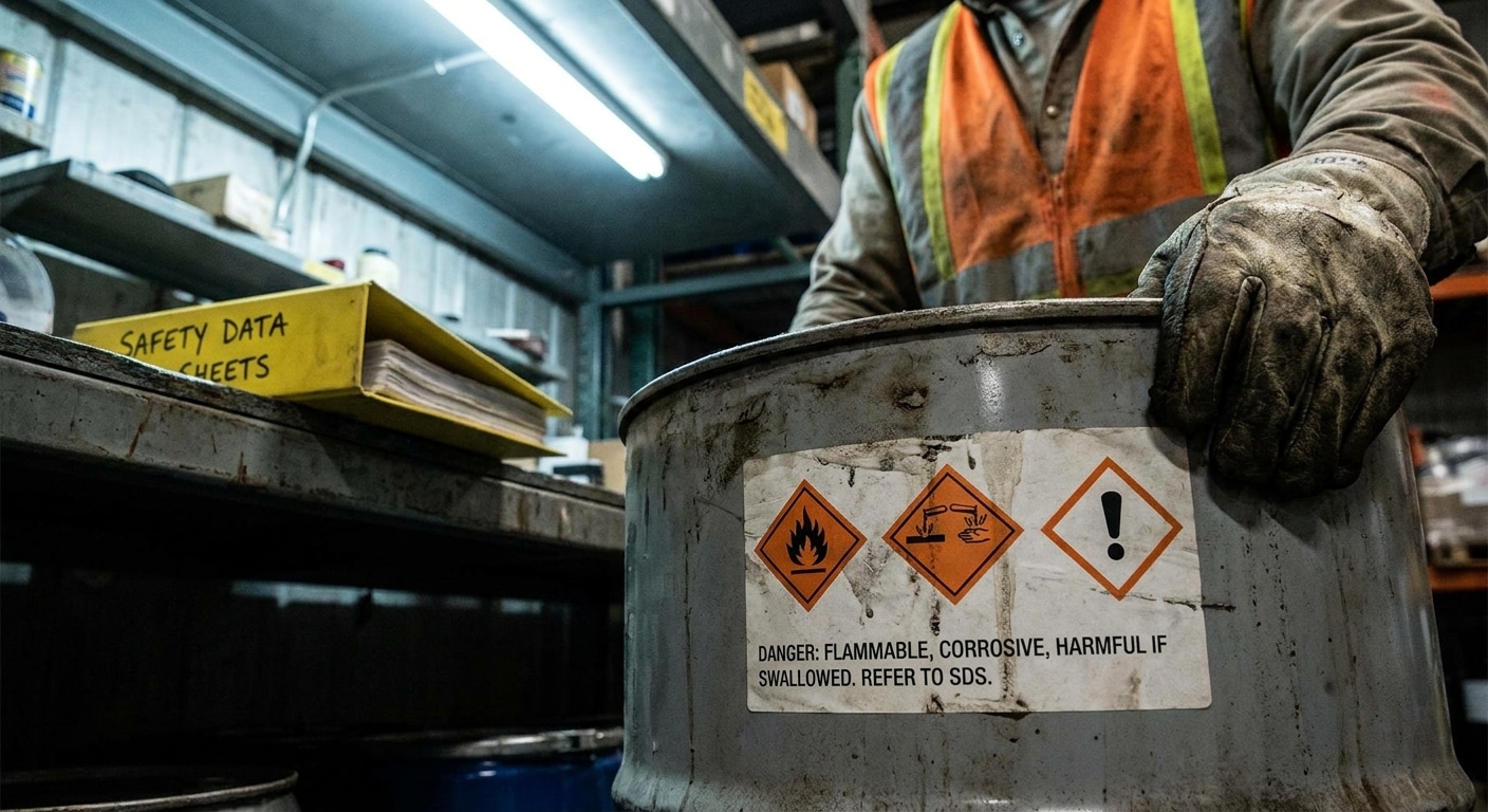 A WHMIS hazard label with GHS pictograms on a chemical drum, with a safety data sheet binder in the background.