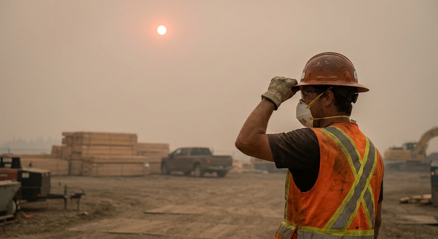 A worker in hi-vis PPE and a respirator pausing outdoor work under a hazy, smoke-filled sky.