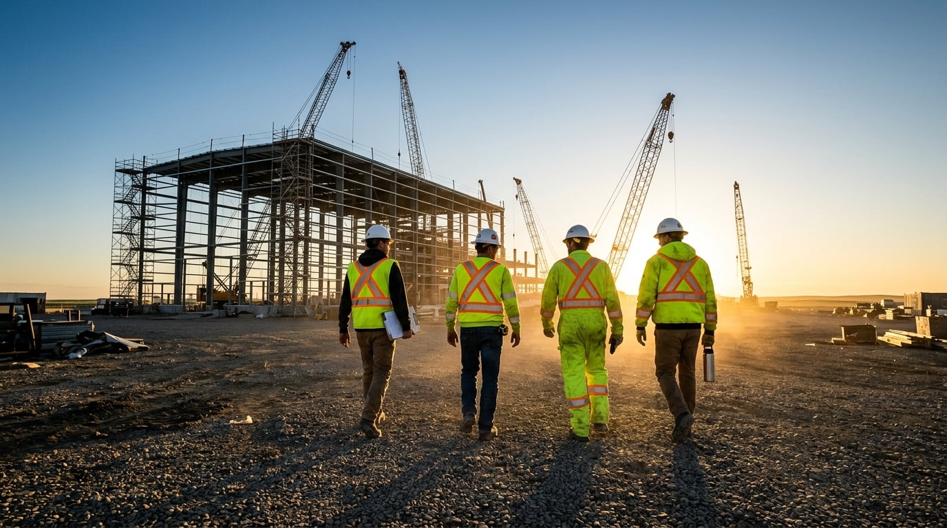 An industrial construction worksite with a crew working.