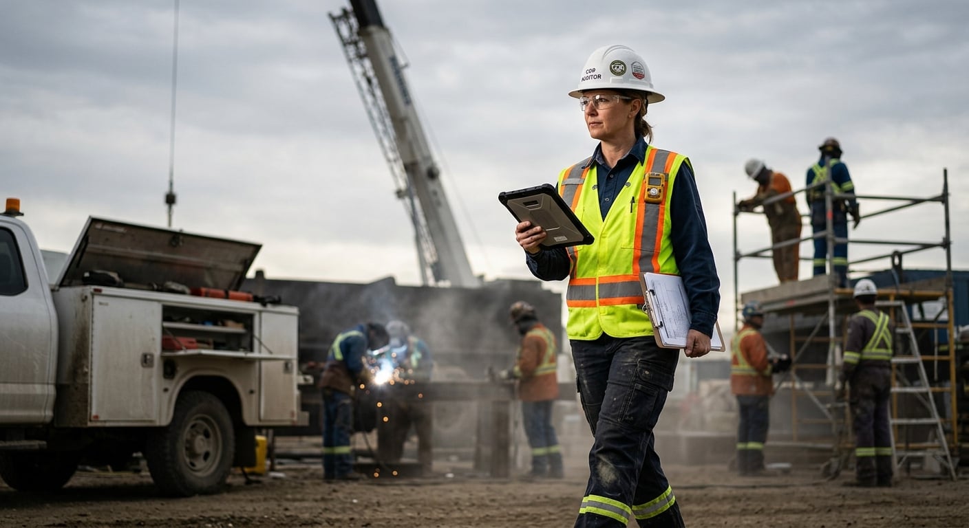 An On-Track auditor reviewing documentation on an active worksite.
