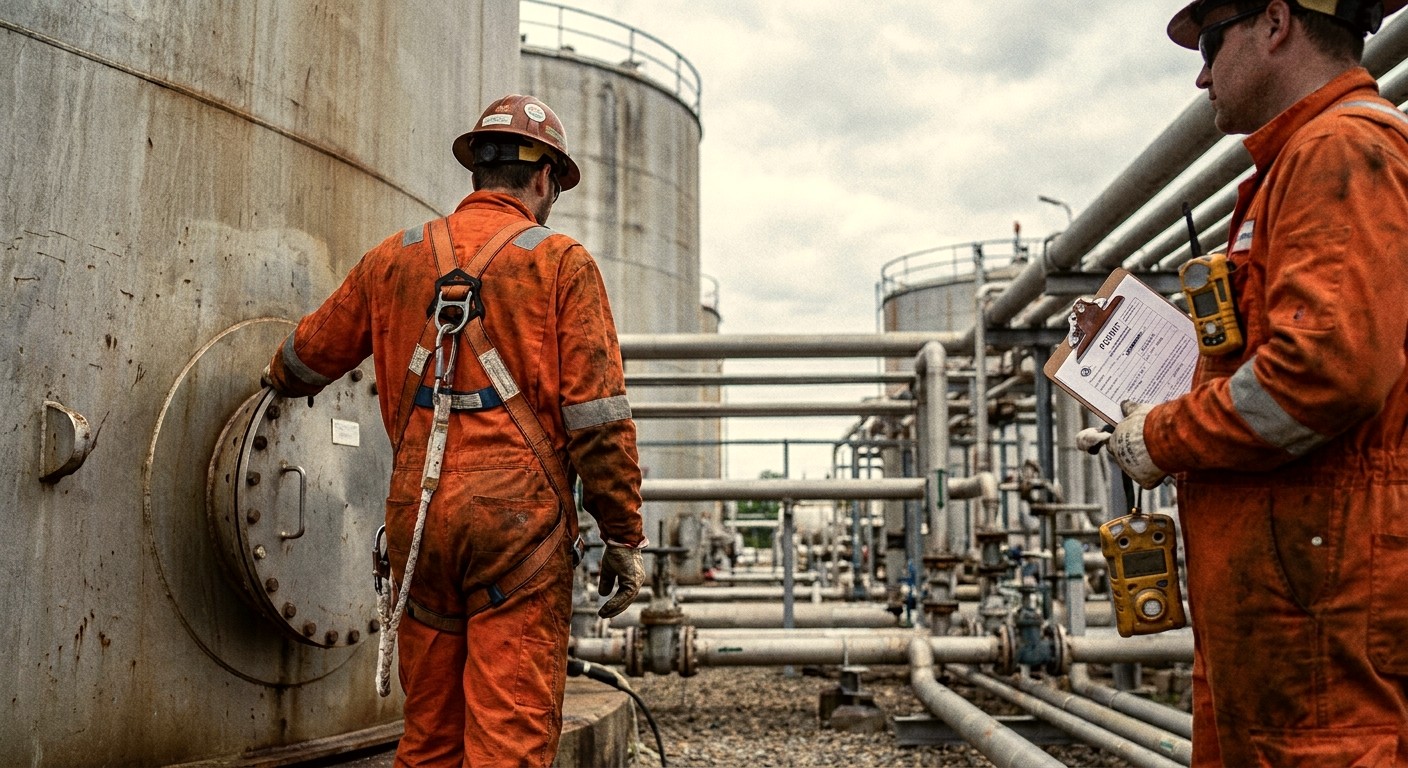 A worker in safety gear performing a confined space entry check at an oil and gas facility.