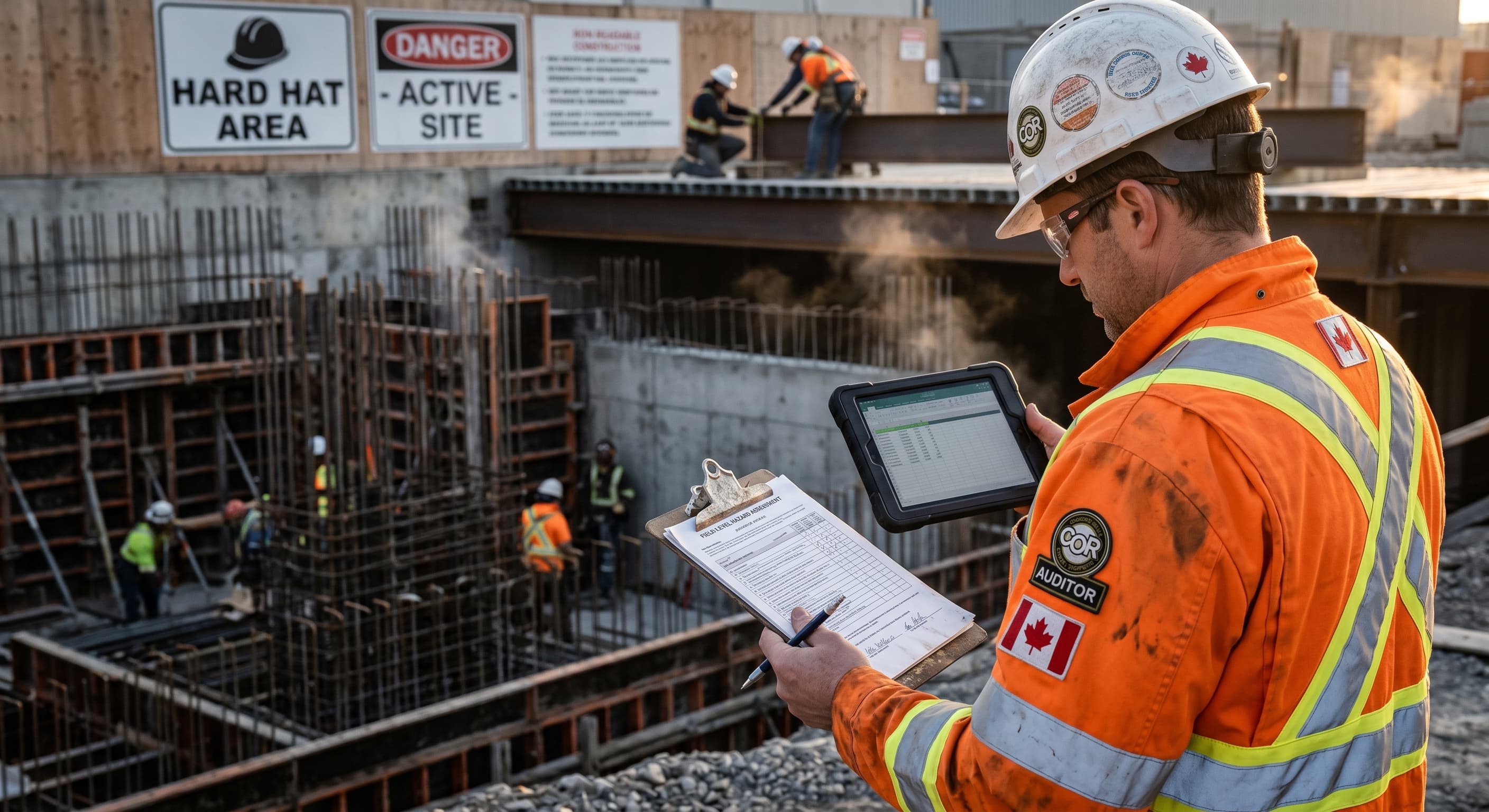 A safety auditor reviewing documentation at a worksite