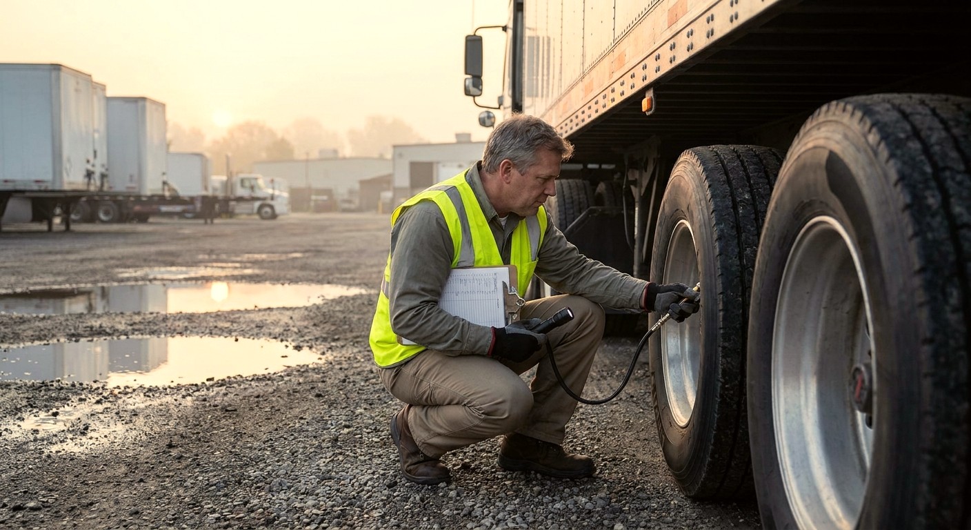 A commercial truck driver completing a pre-trip vehicle inspection.