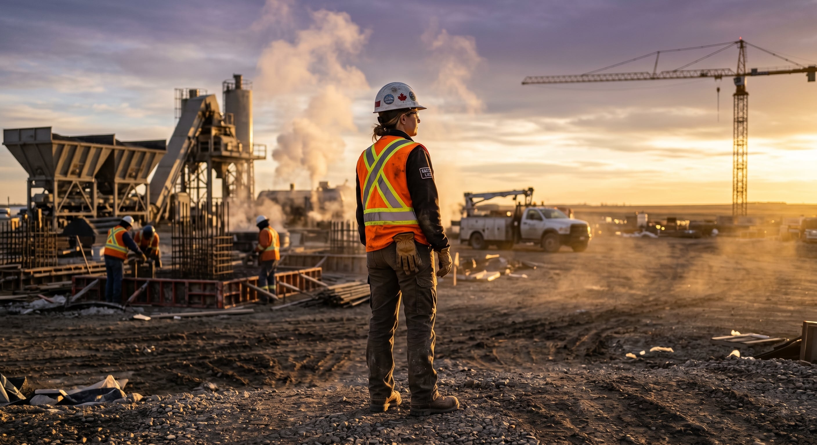 A safety professional overlooking a Central Alberta construction site at sunrise.