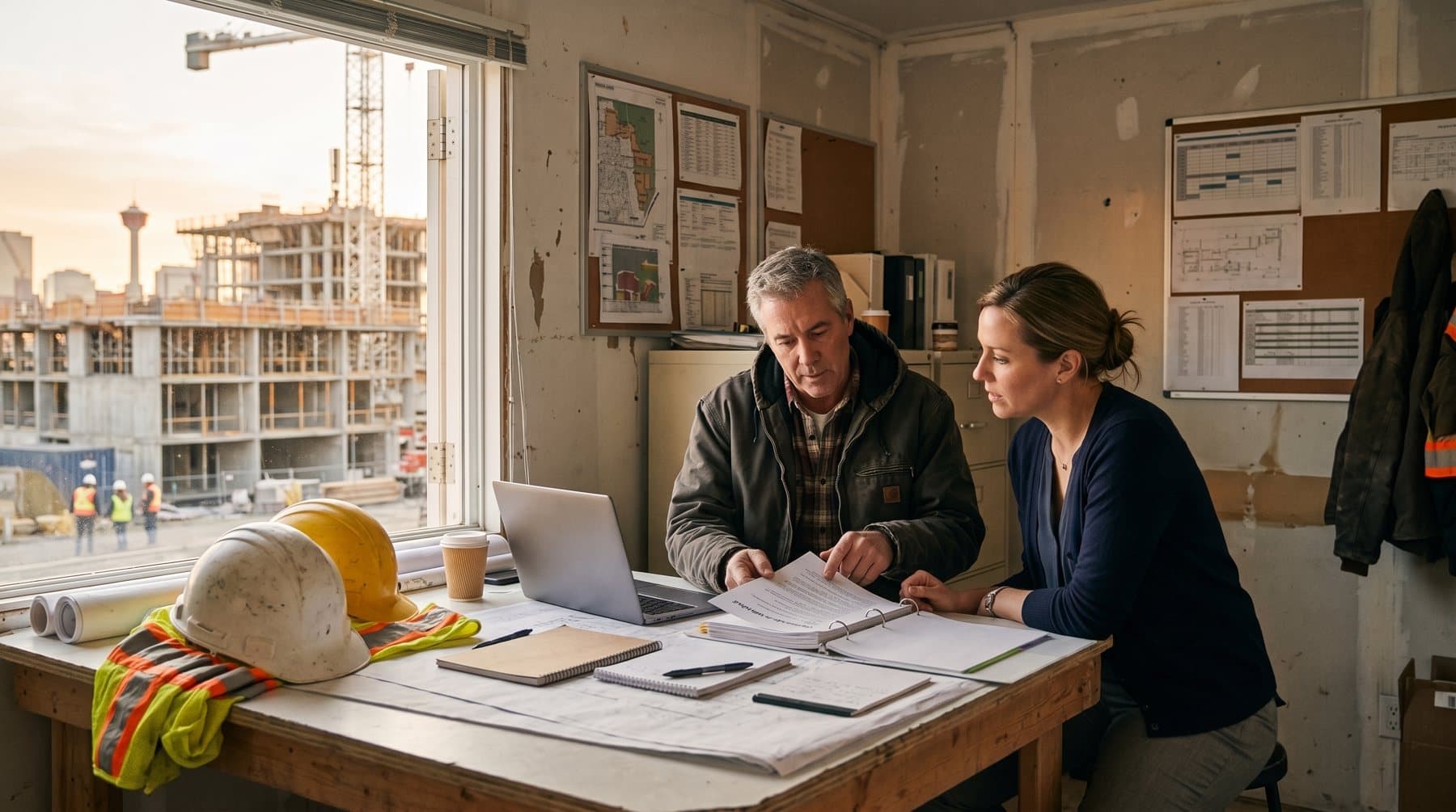 A company owner and a safety consultant reviewing a safety manual in a site office overlooking Calgary
