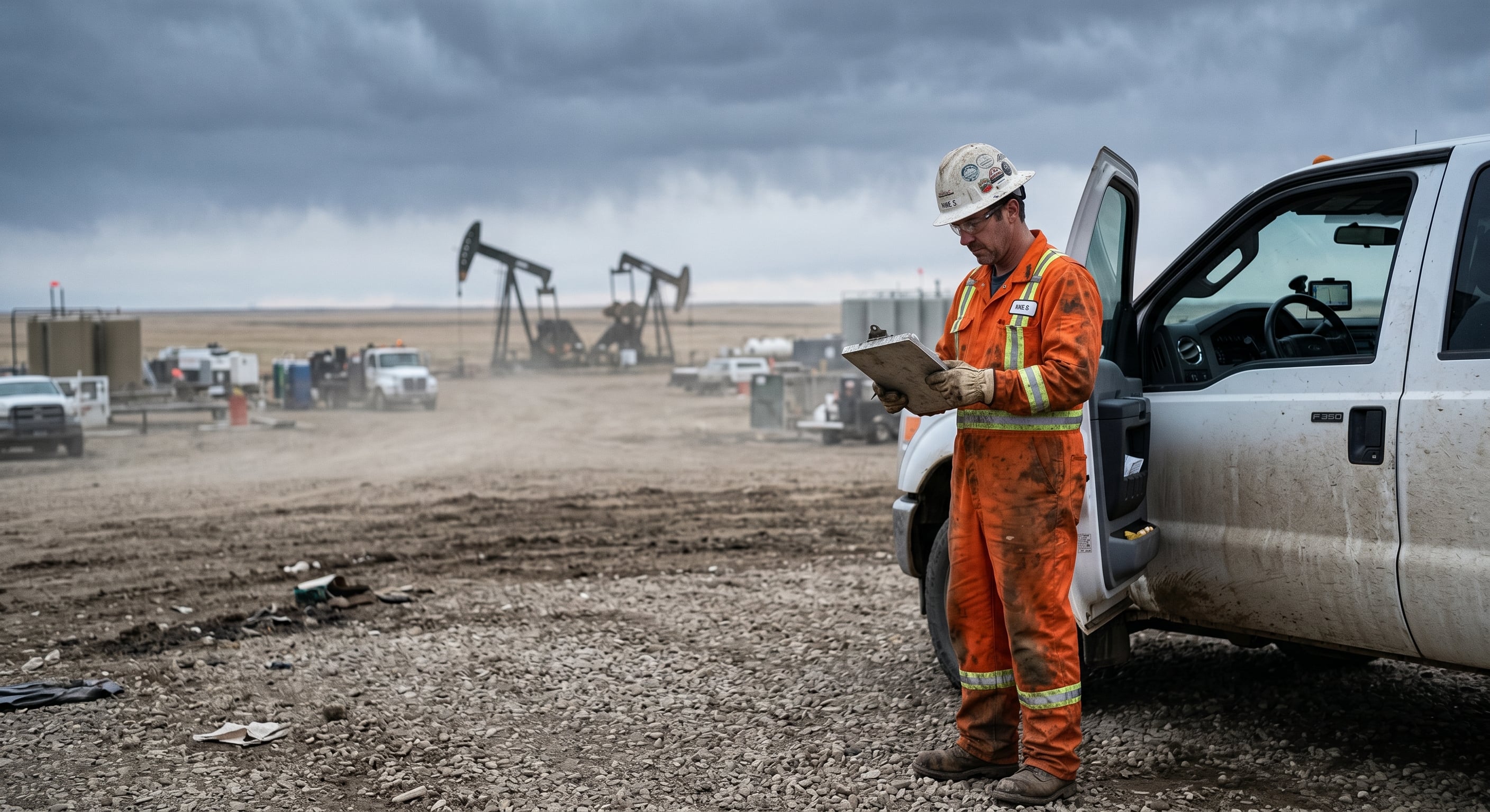 A safety professional reviewing a field-level hazard assessment beside an Alberta oilfield wellsite.