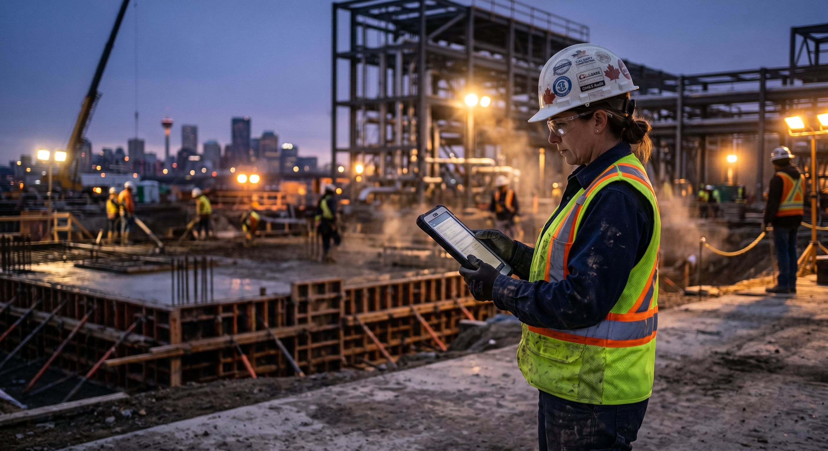 A COR auditor reviewing a compliance checklist at a Calgary construction site with the downtown skyline behind.