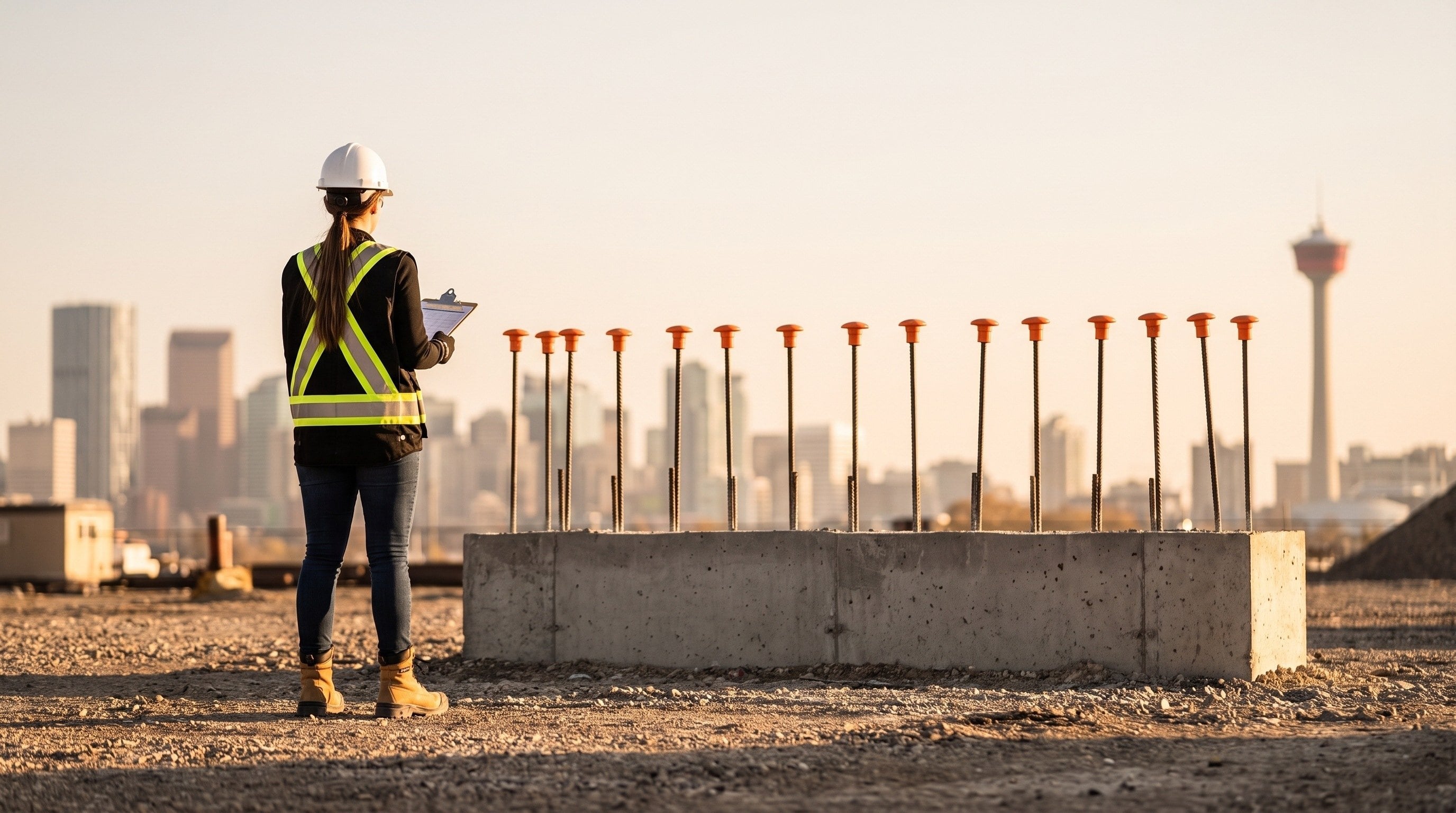 A COR auditor with a clipboard beside a foundation wall with capped rebar, downtown Calgary behind.