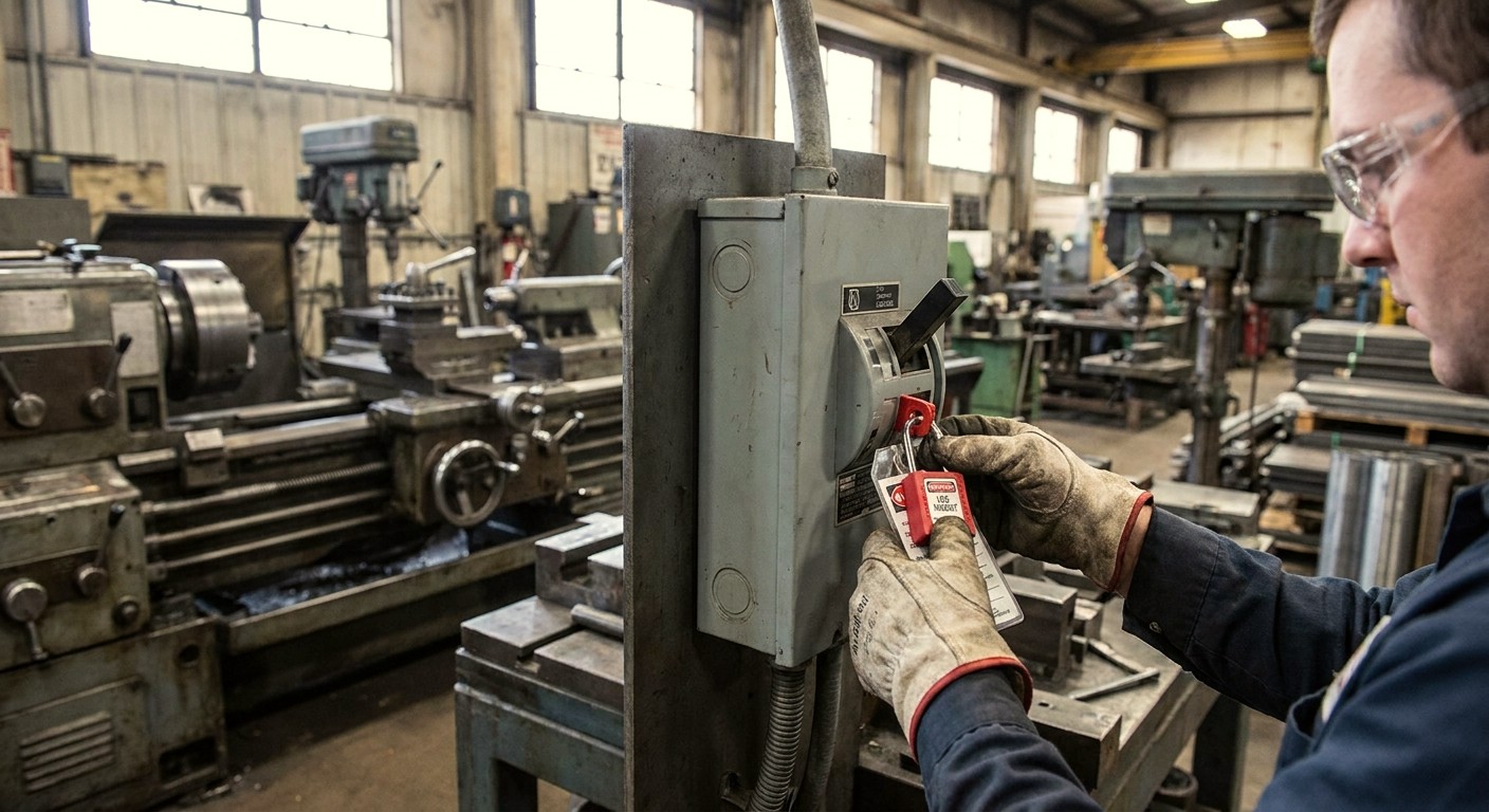 A worker applying a lockout/tagout device to manufacturing machinery.
