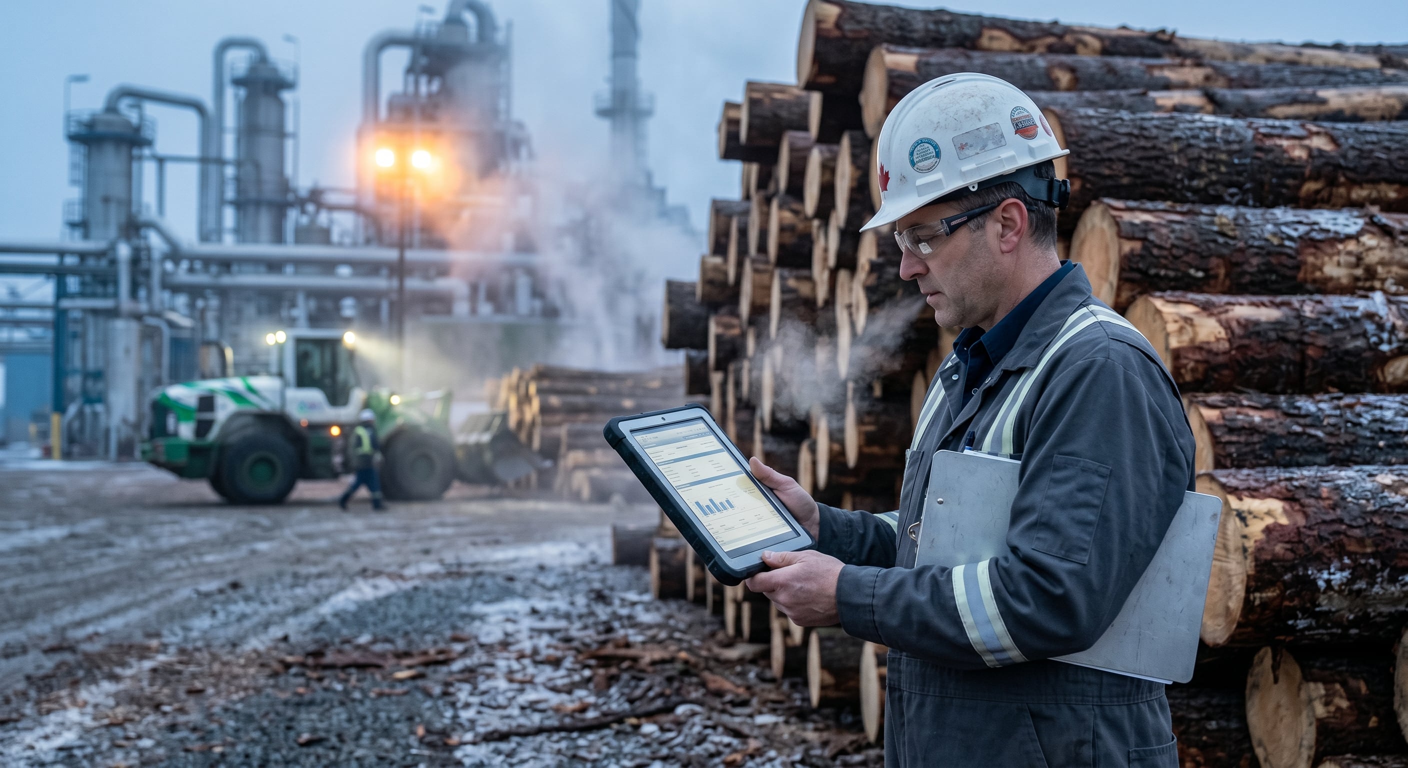 A New Brunswick forestry and construction site with workers reviewing WorkSafeNB compliance documentation.