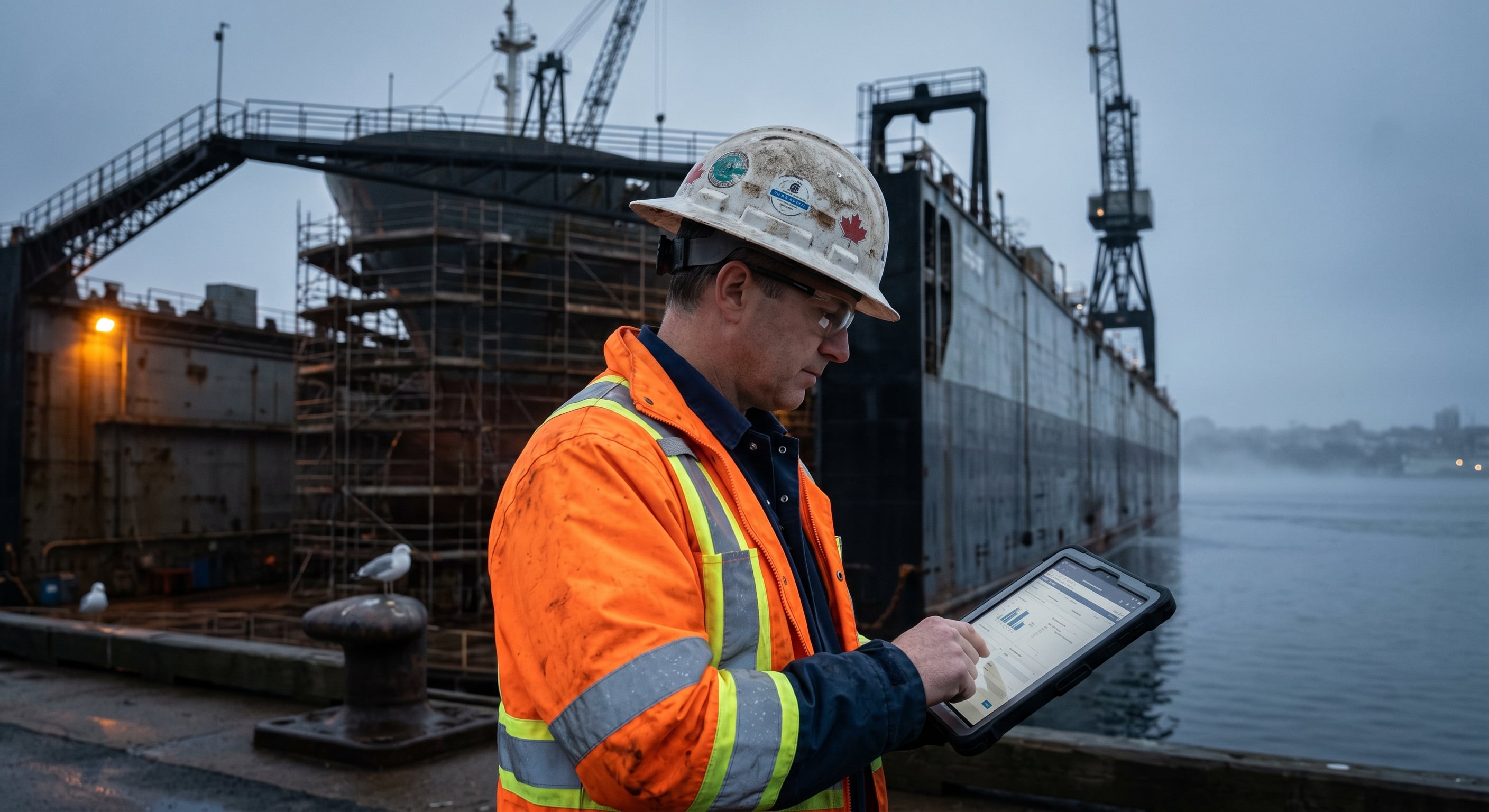 A Nova Scotia construction crew reviewing safety compliance documentation with the Atlantic coast in the background.