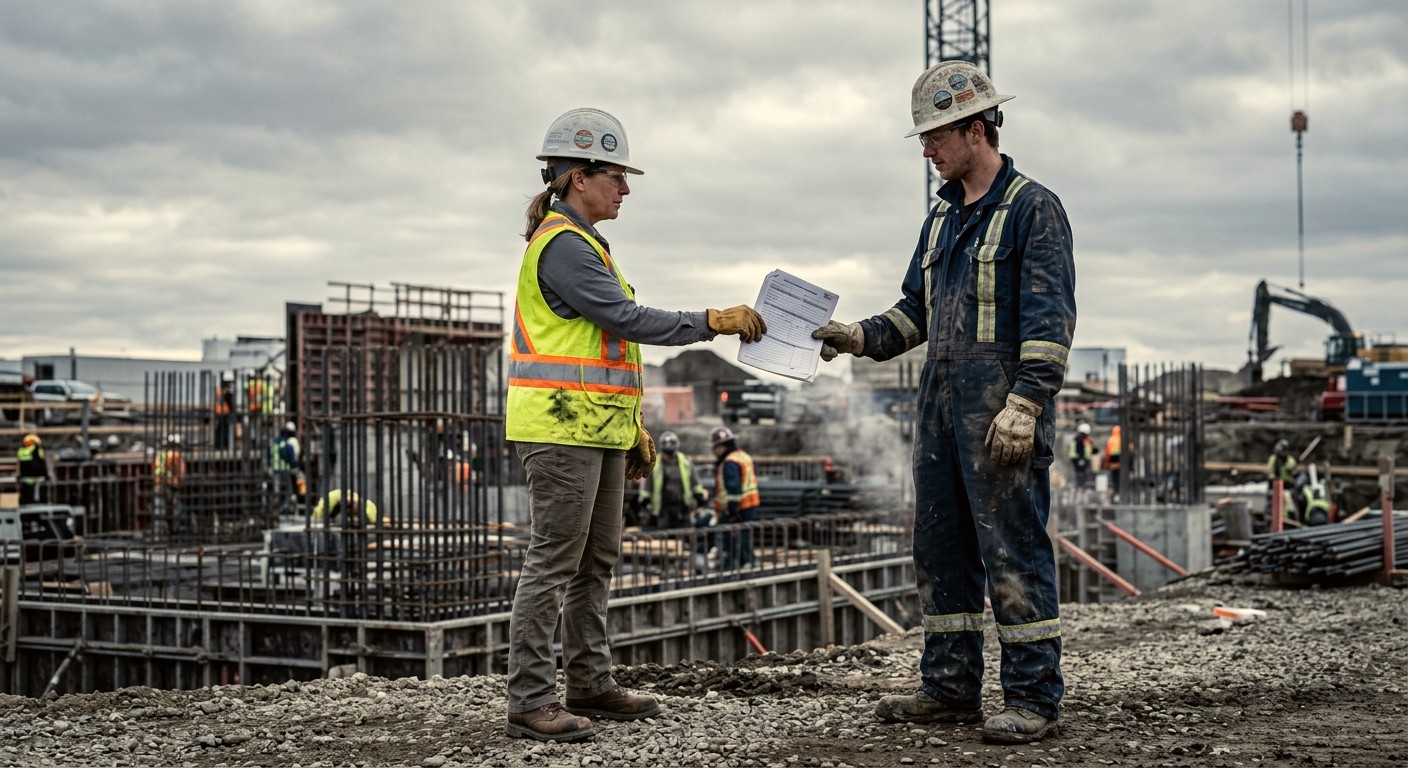 Reviewing safety documentation at a small worksite office.