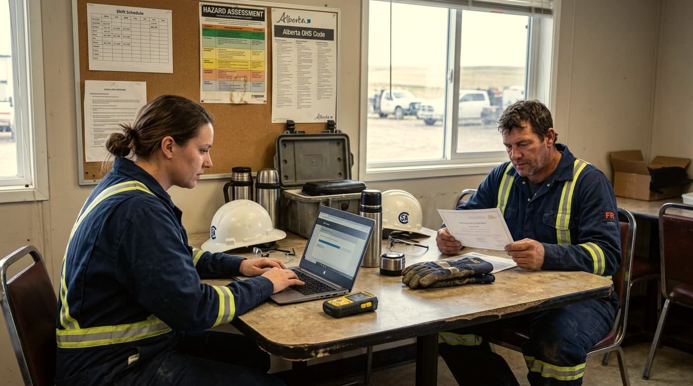 Workers using On-Track Safety's online training portal on a job site.
