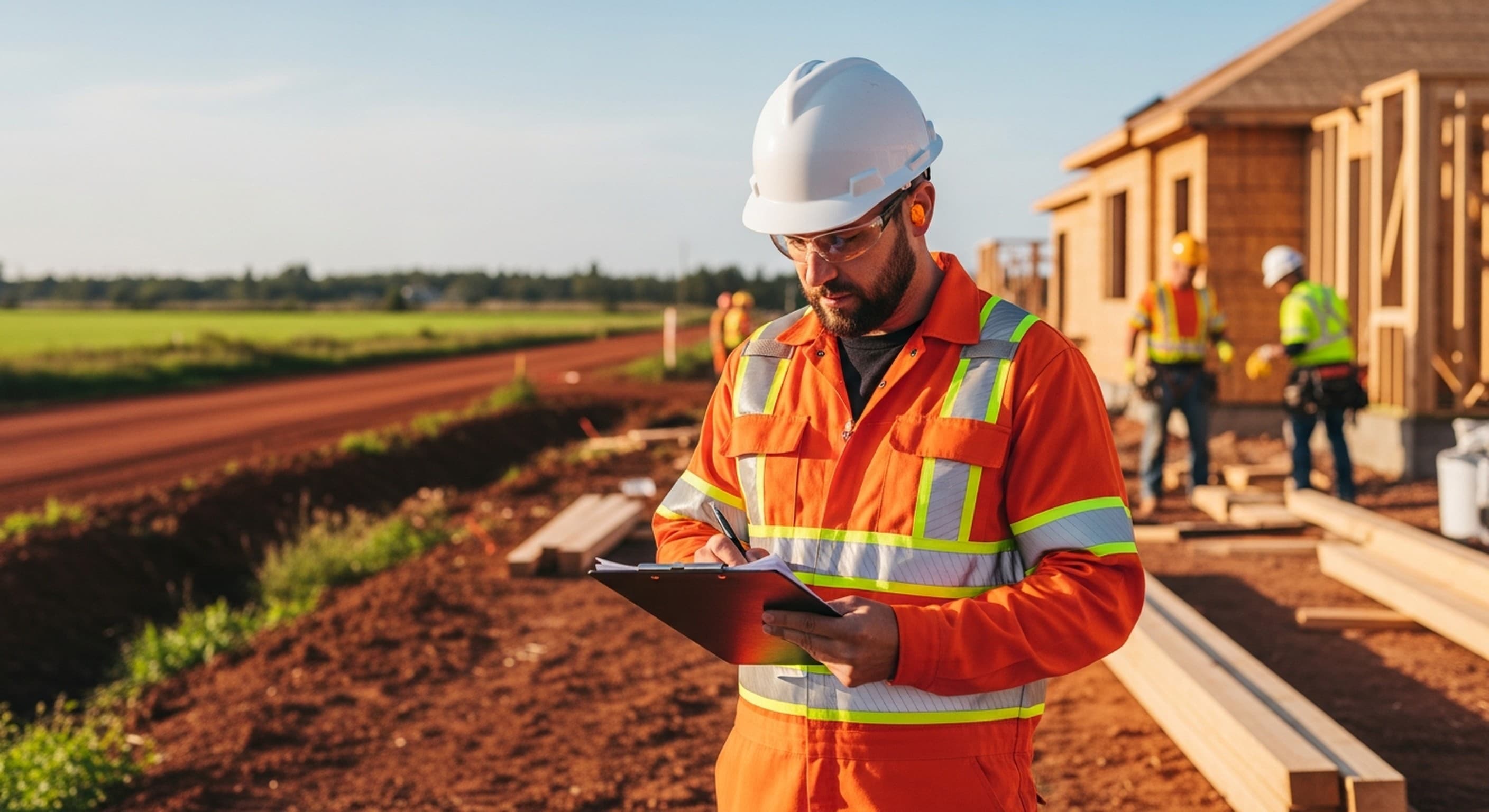 Prince Edward Island construction and agriculture worksite with active safety program documentation.