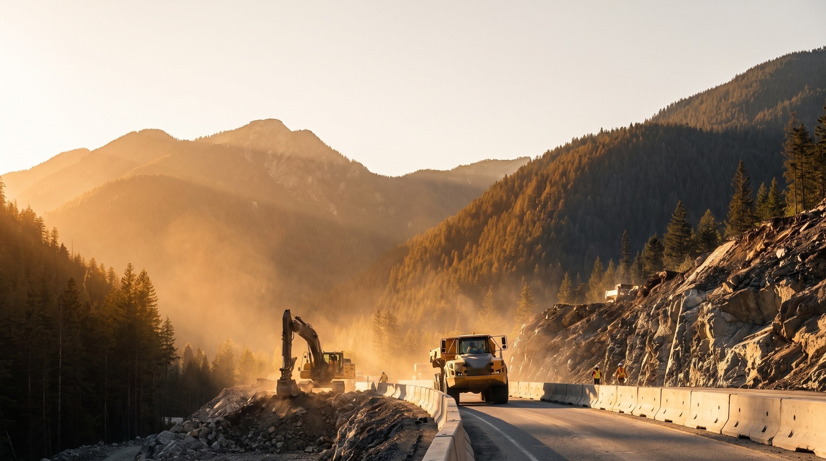 A highway widening project in a British Columbia mountain valley, with an excavator at a rock cut.