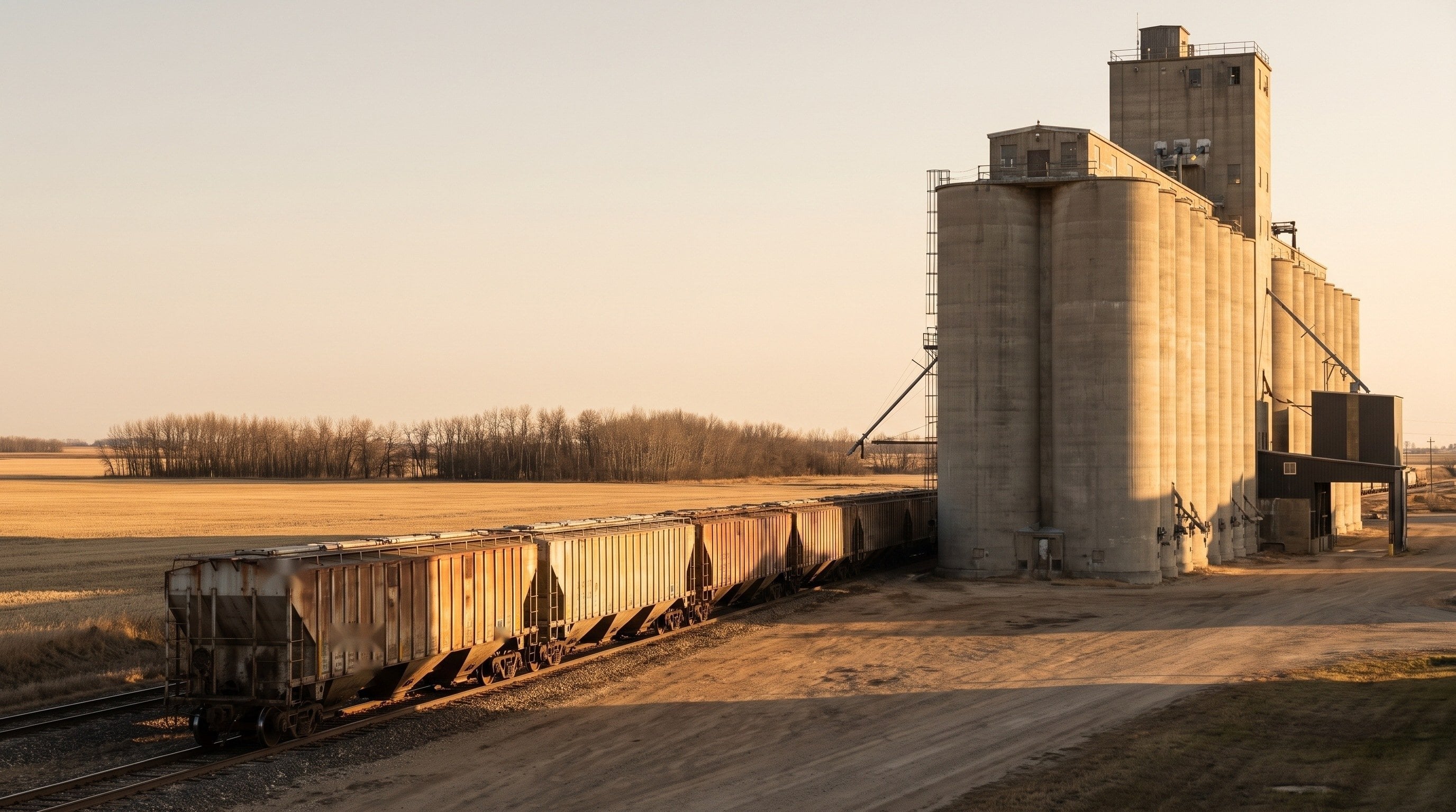 A concrete grain terminal with hopper cars on the siding beside harvested Manitoba fields.