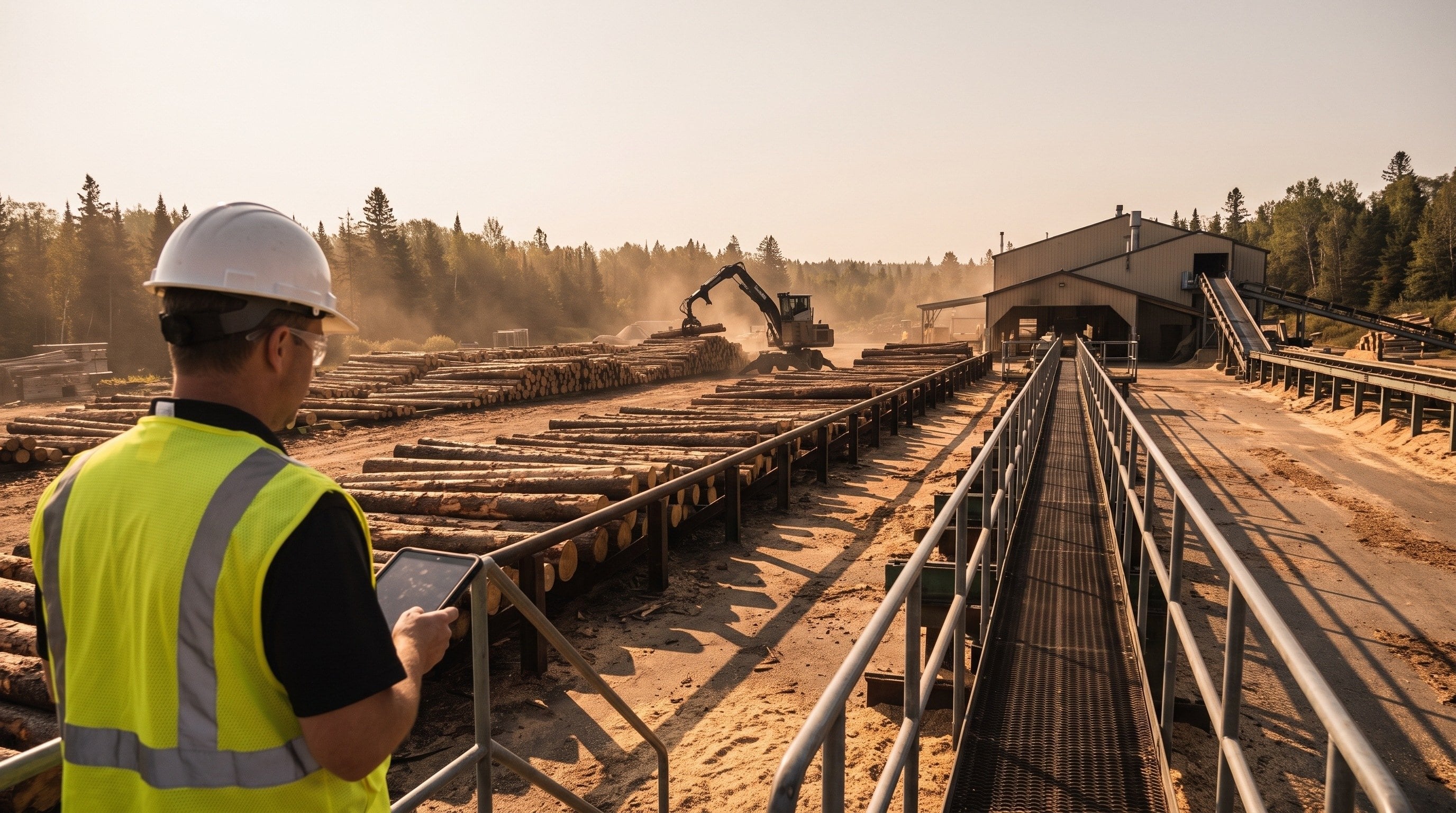 A safety lead in a hard hat and hi-vis vest with a tablet on a railed walkway above a New Brunswick sawmill log yard.