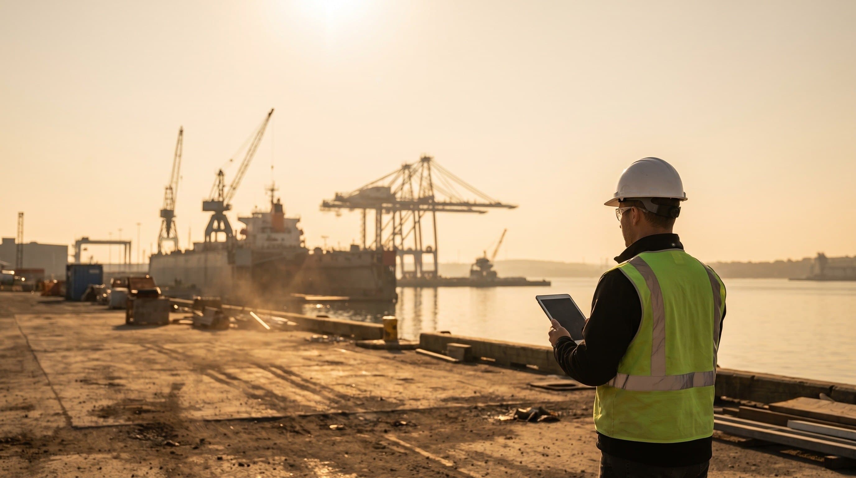 A worker in a hard hat and hi-vis vest with a tablet on a Nova Scotia shipyard wharf, gantry cranes behind.