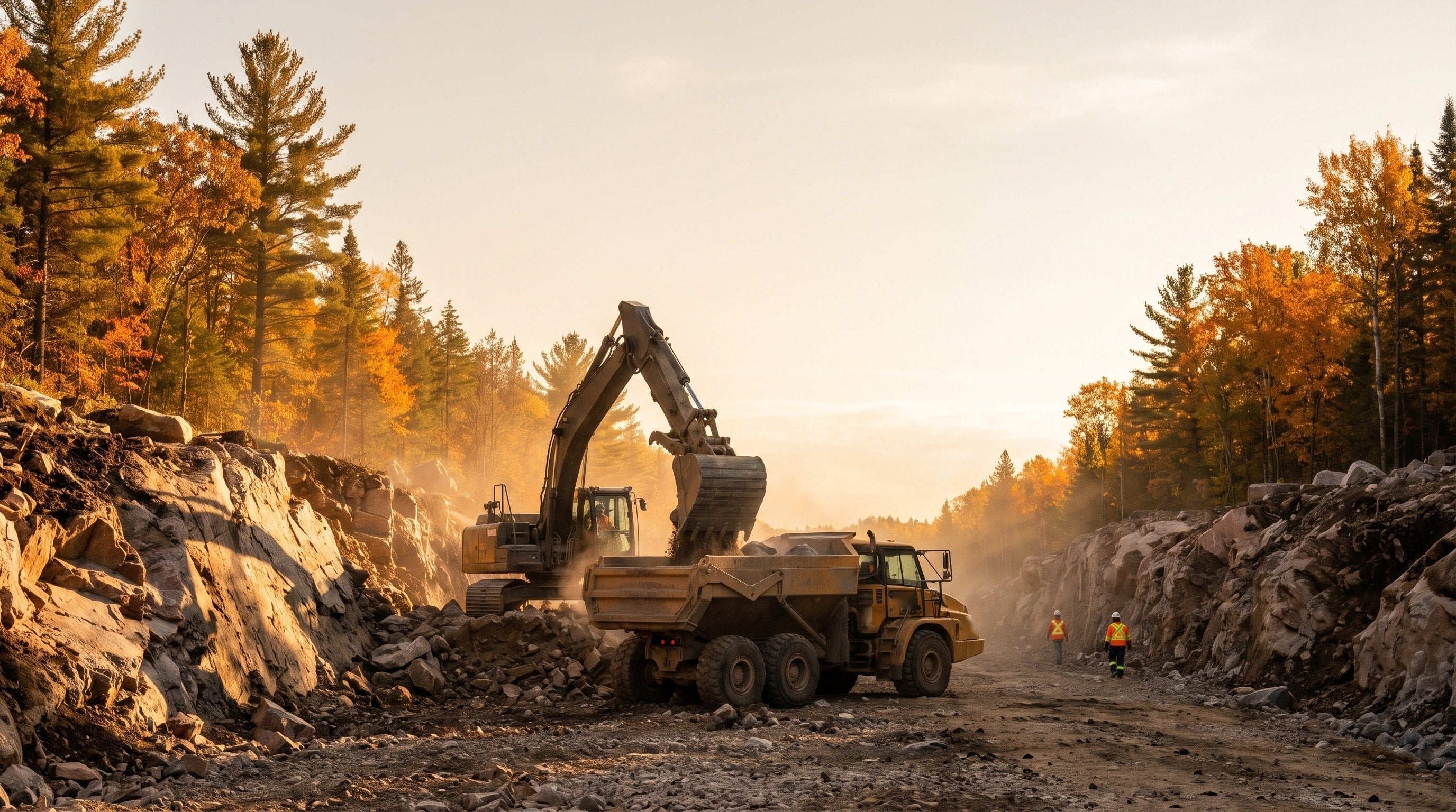 An excavator loading a rock truck at a highway rock cut through autumn forest in Ontario.