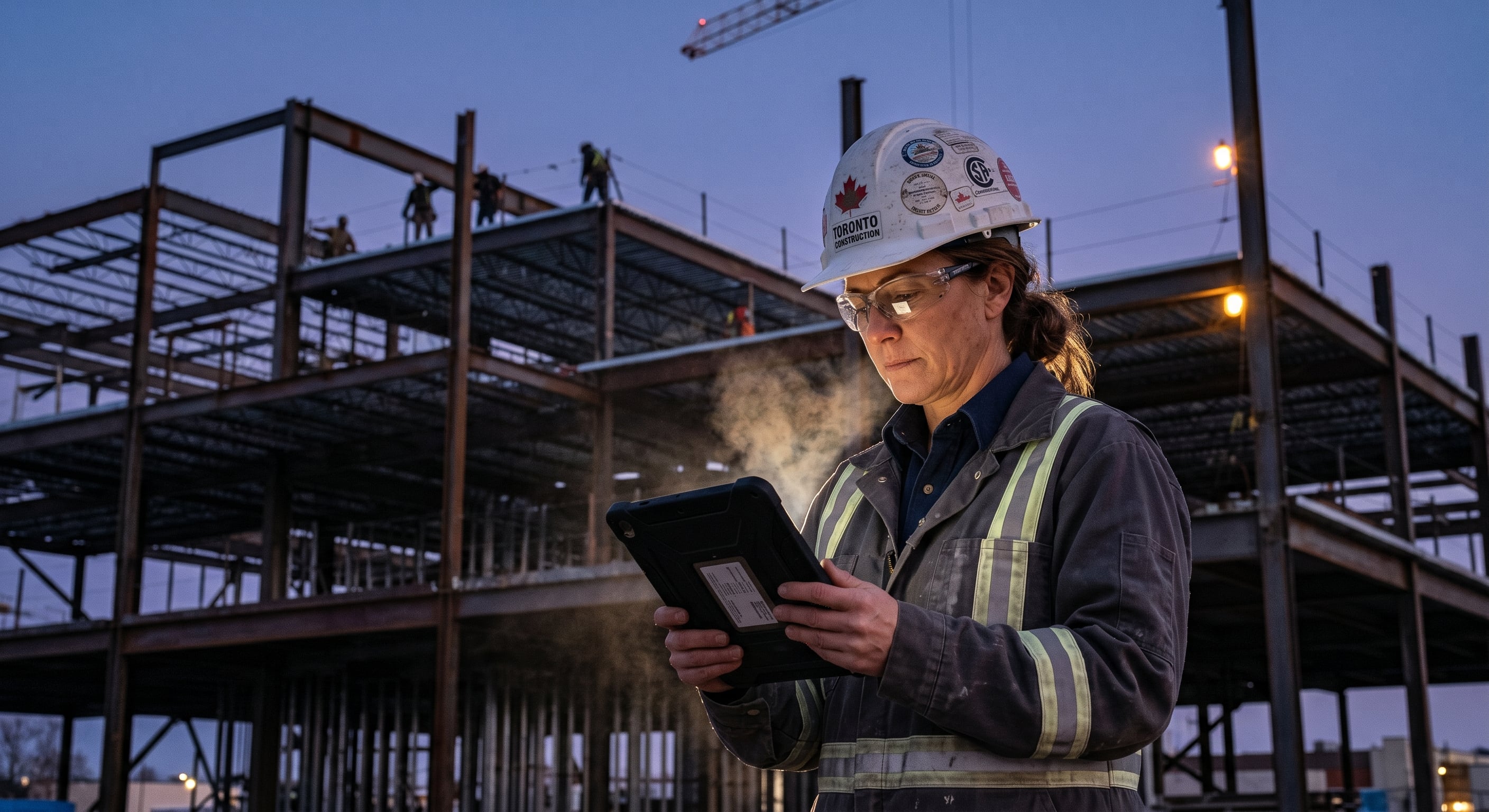 A female safety professional in a Toronto Construction hard hat reviewing compliance documentation on a tablet at an Ontario construction site at dusk.