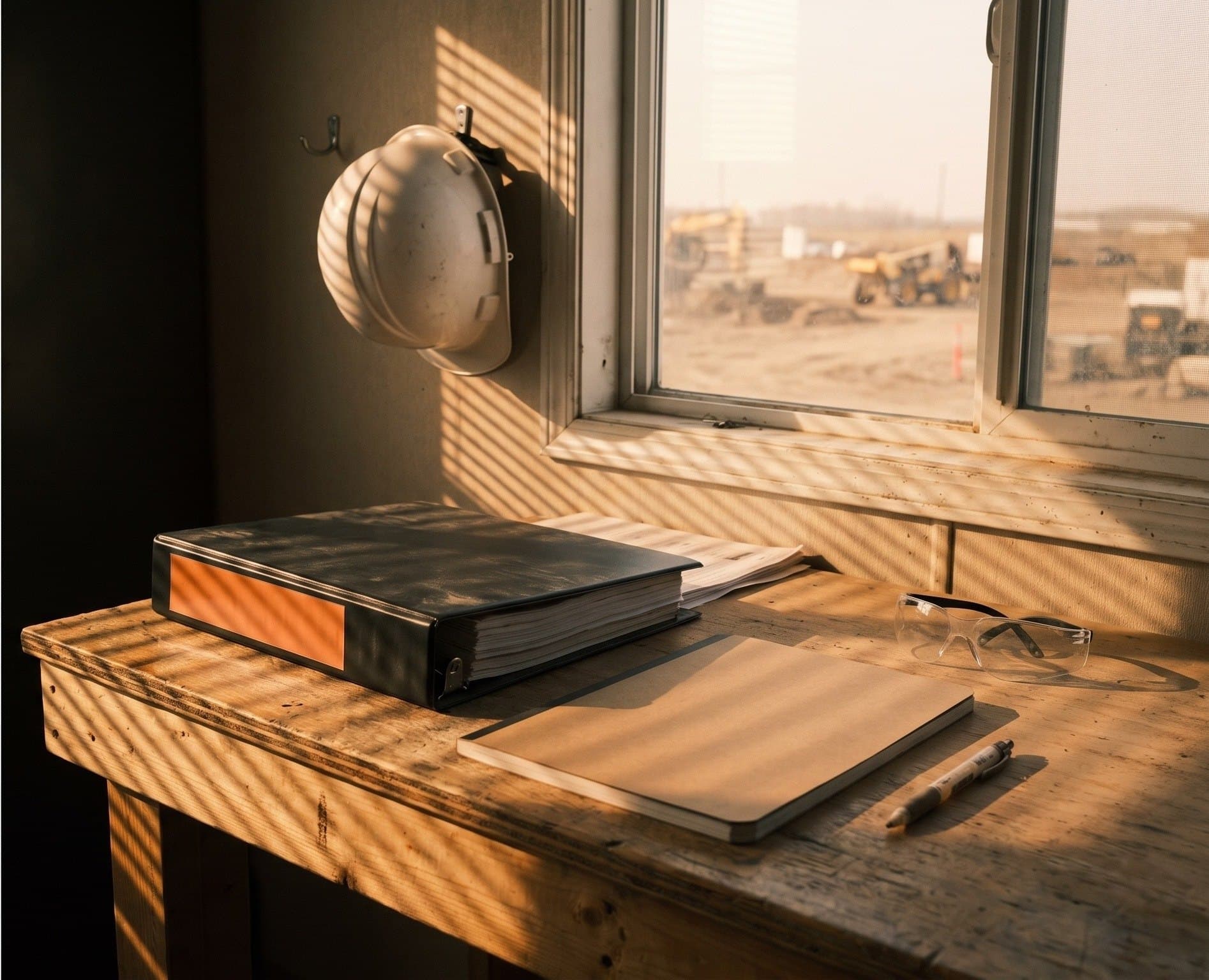 A black safety manual binder with an orange spine on a site-office desk, with safety glasses and a hard hat on the wall.