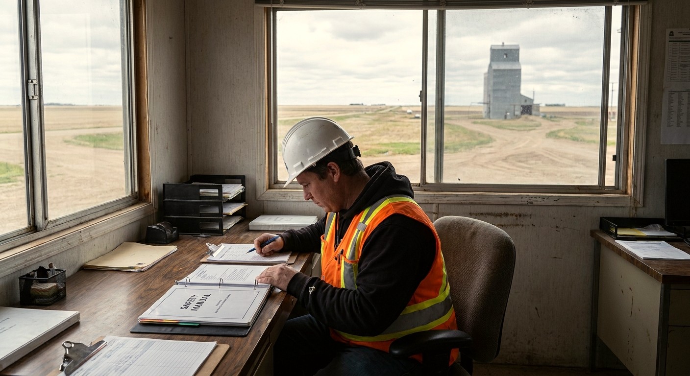 A safety coordinator reviewing a custom safety manual at a Saskatchewan worksite.