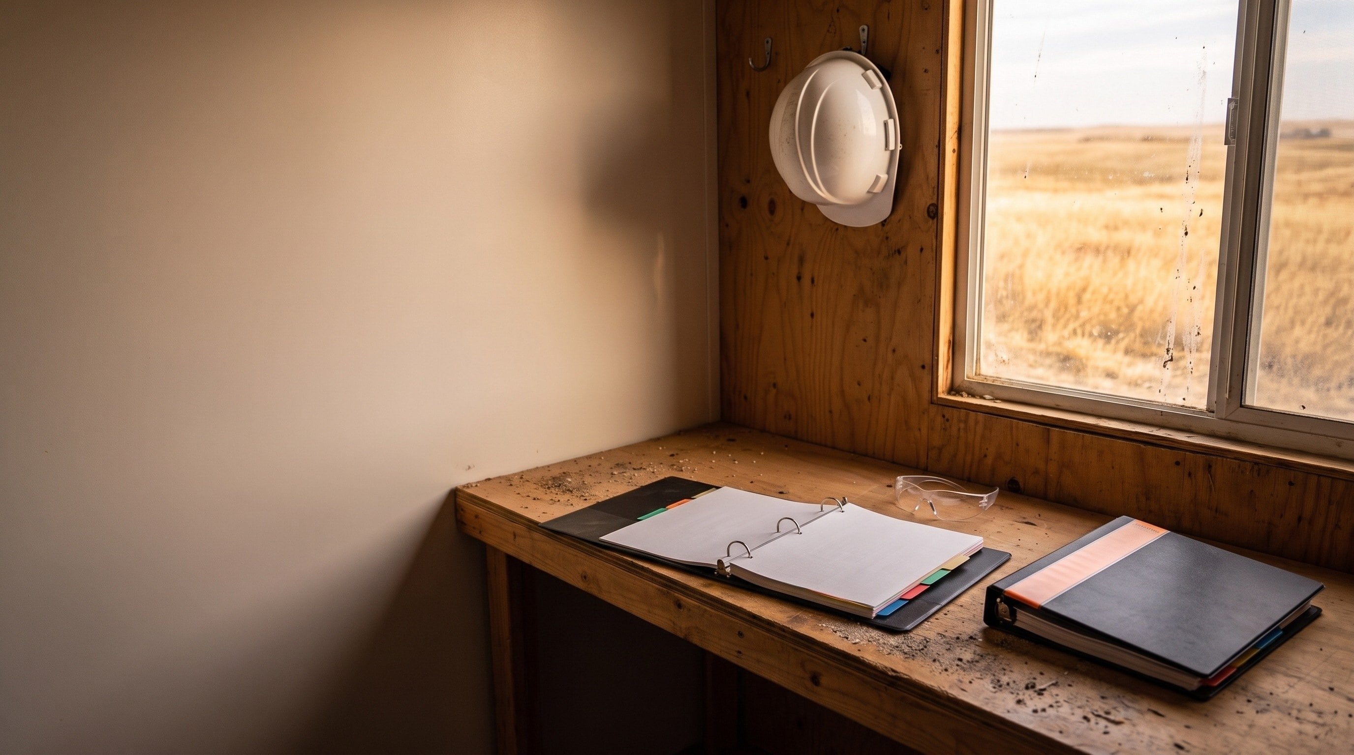 Safety manual binders with tab dividers on a site-trailer desk, a hard hat on the wall and prairie through the window.
