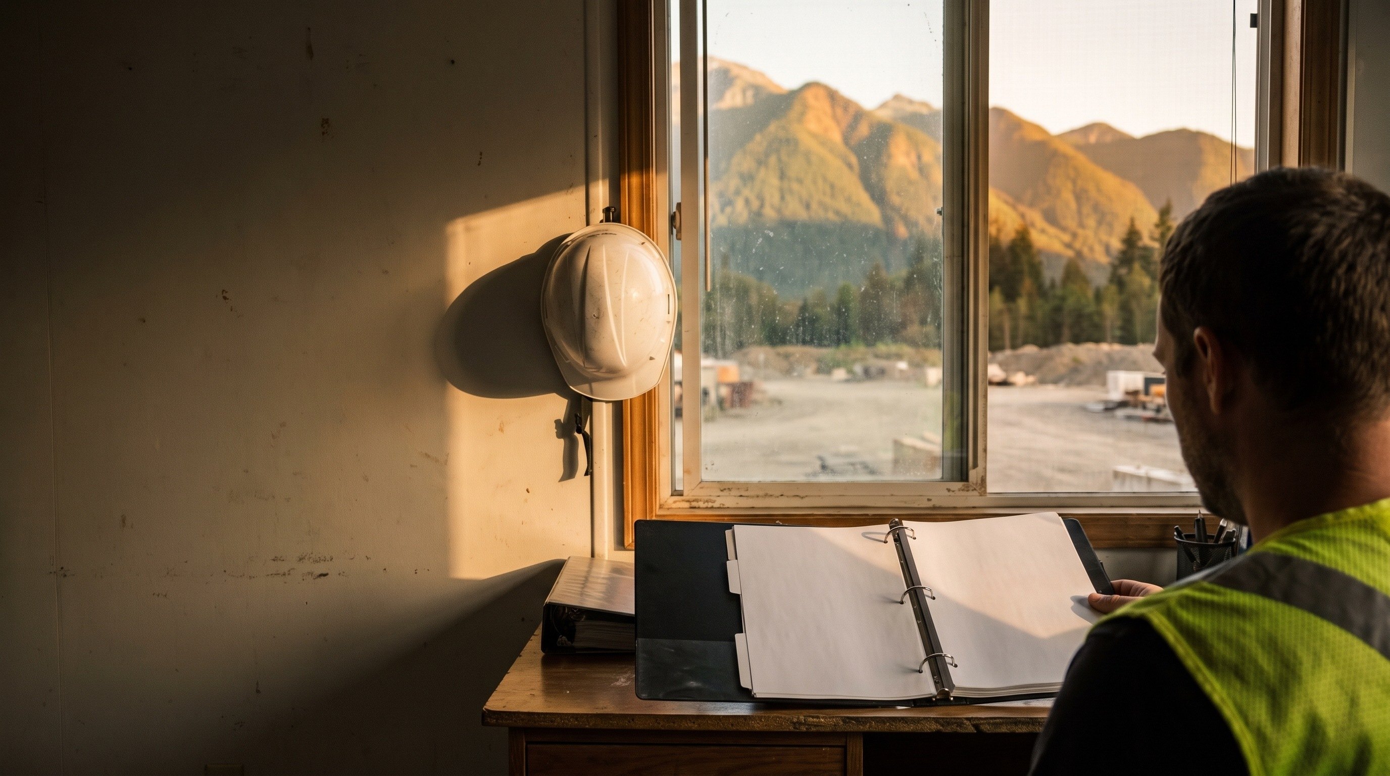 A safety manager reading a safety manual binder in a site trailer, with mountains through the window.